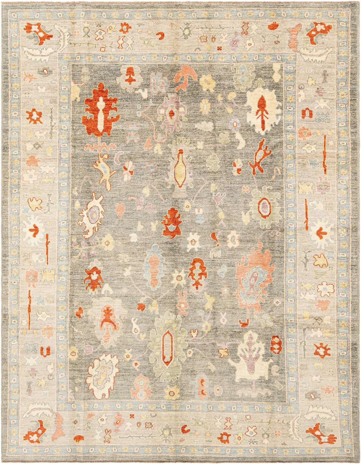 A rectangular Oushak Persian rug with a gray field and an intricate pattern of red, orange, blue, and cream motifs, framed by a light gray border.
