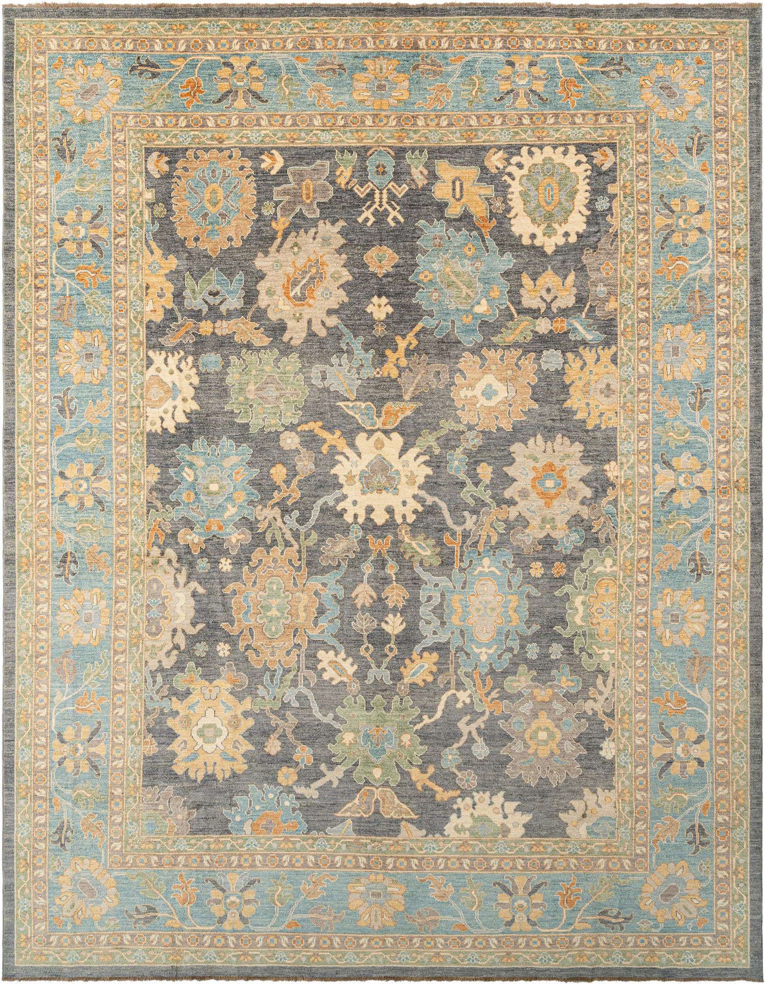 A rectangular gray Persian Oushak wool rug with intricate floral and medallion patterns in shades of teal, gold, and cream.