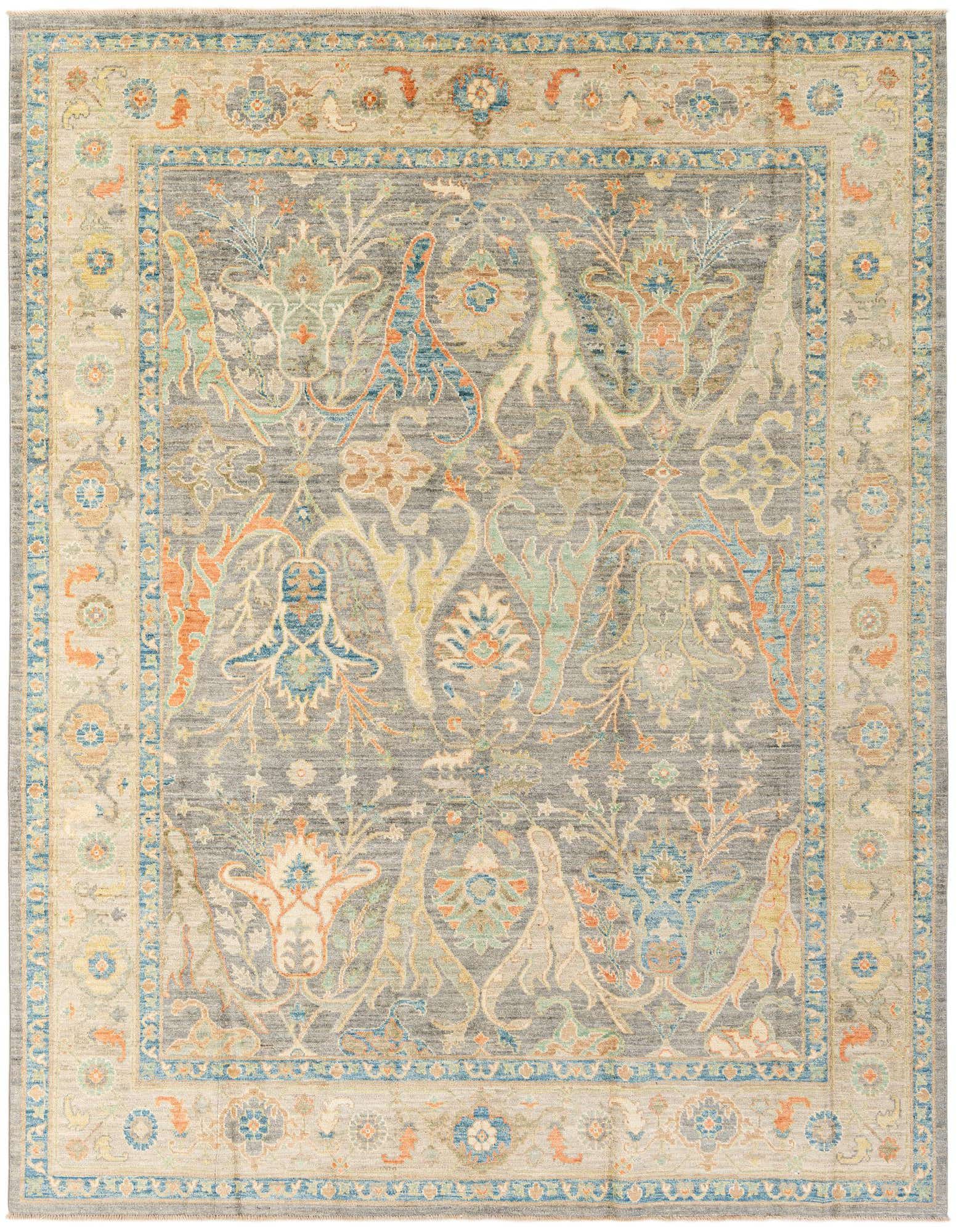 An 8x10 rectangular Oushak wool rug in grays and silvers with a modern oriental floral pattern.