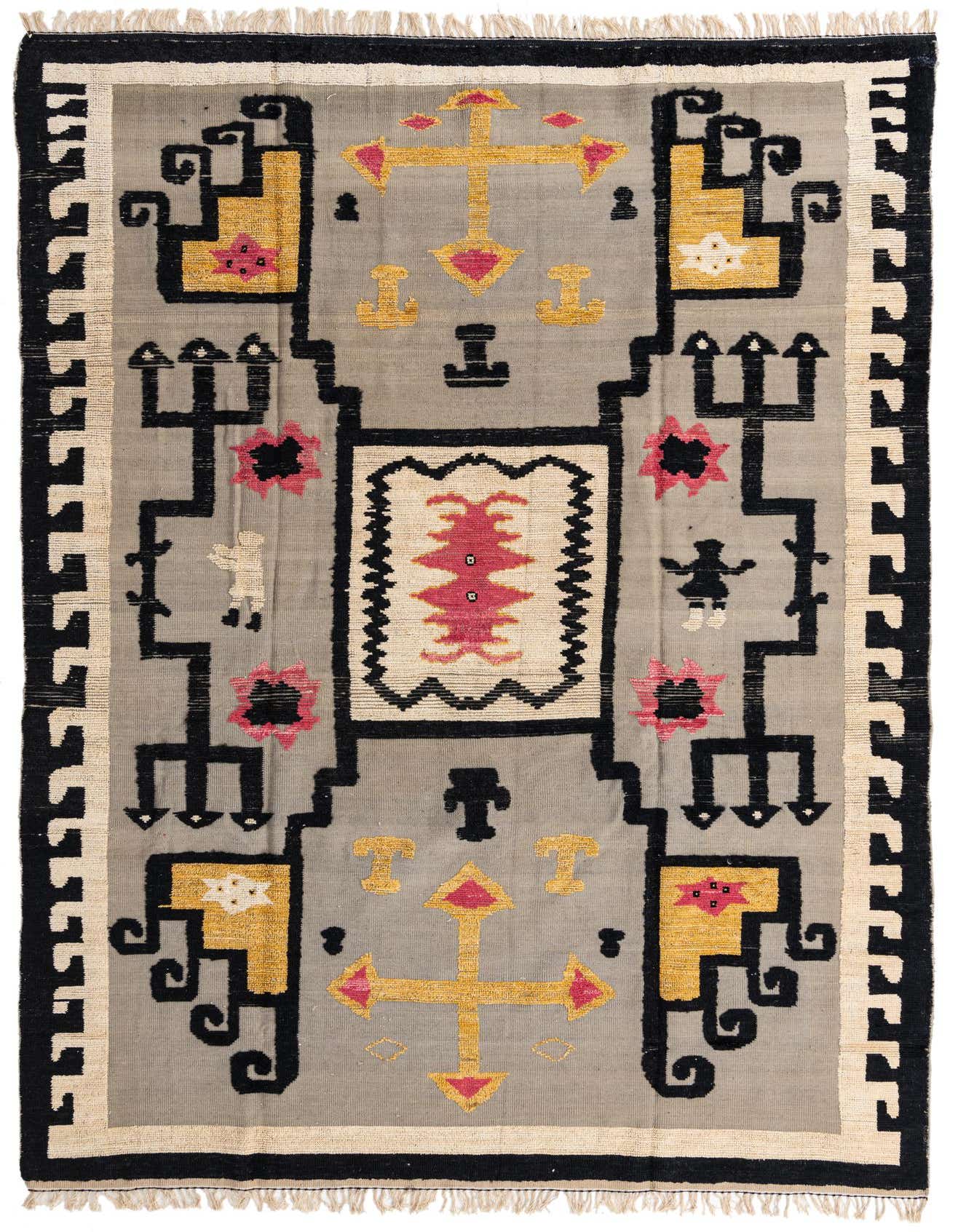 A 10x13 rectangular gray wool rug with a modern abstract pattern in black, gold, and pink, featuring geometric shapes and stylized figures.