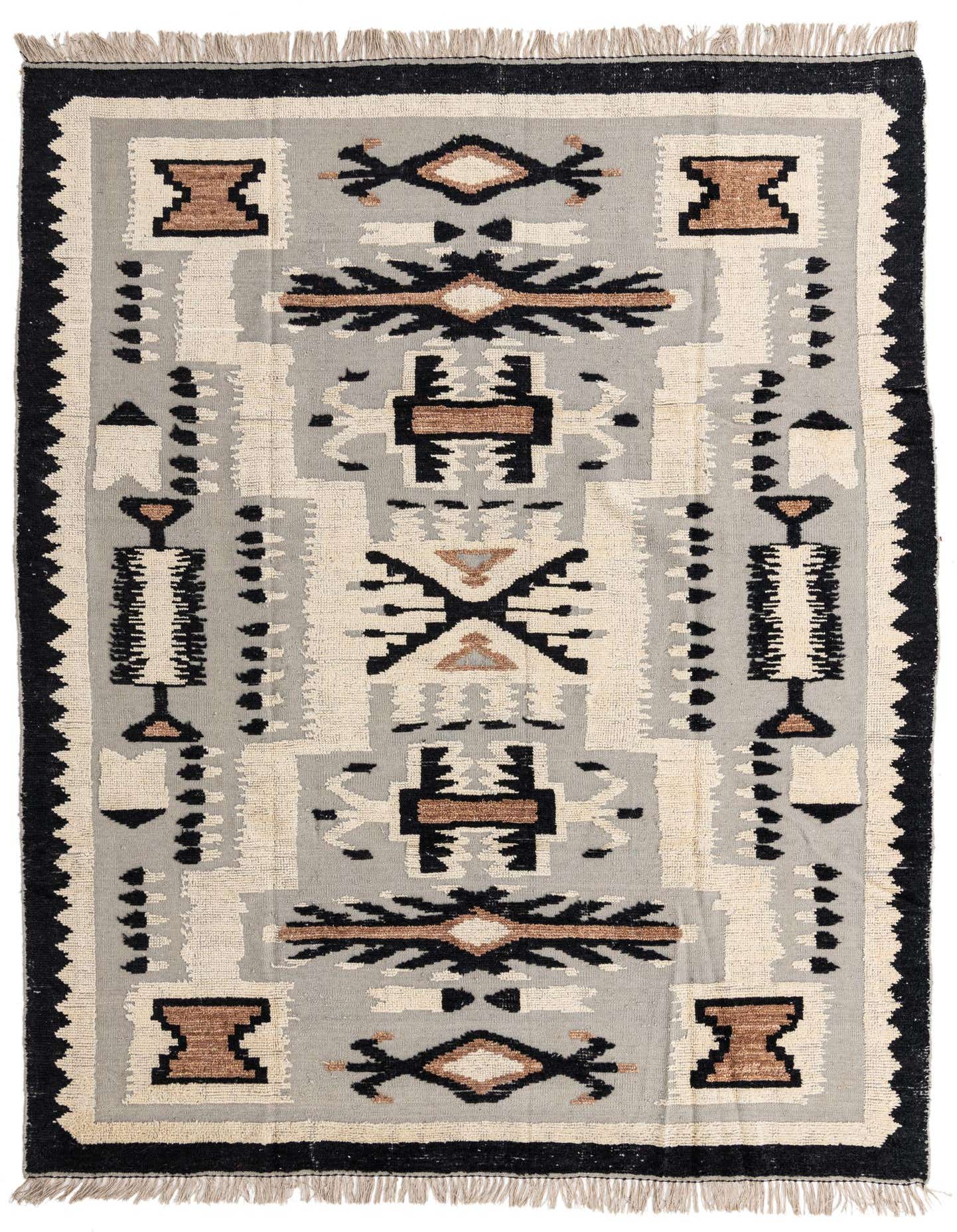 A rectangular 8x10 gray wool rug with a modern abstract pattern in black, cream, and brown, featuring a textured pile and fringe.