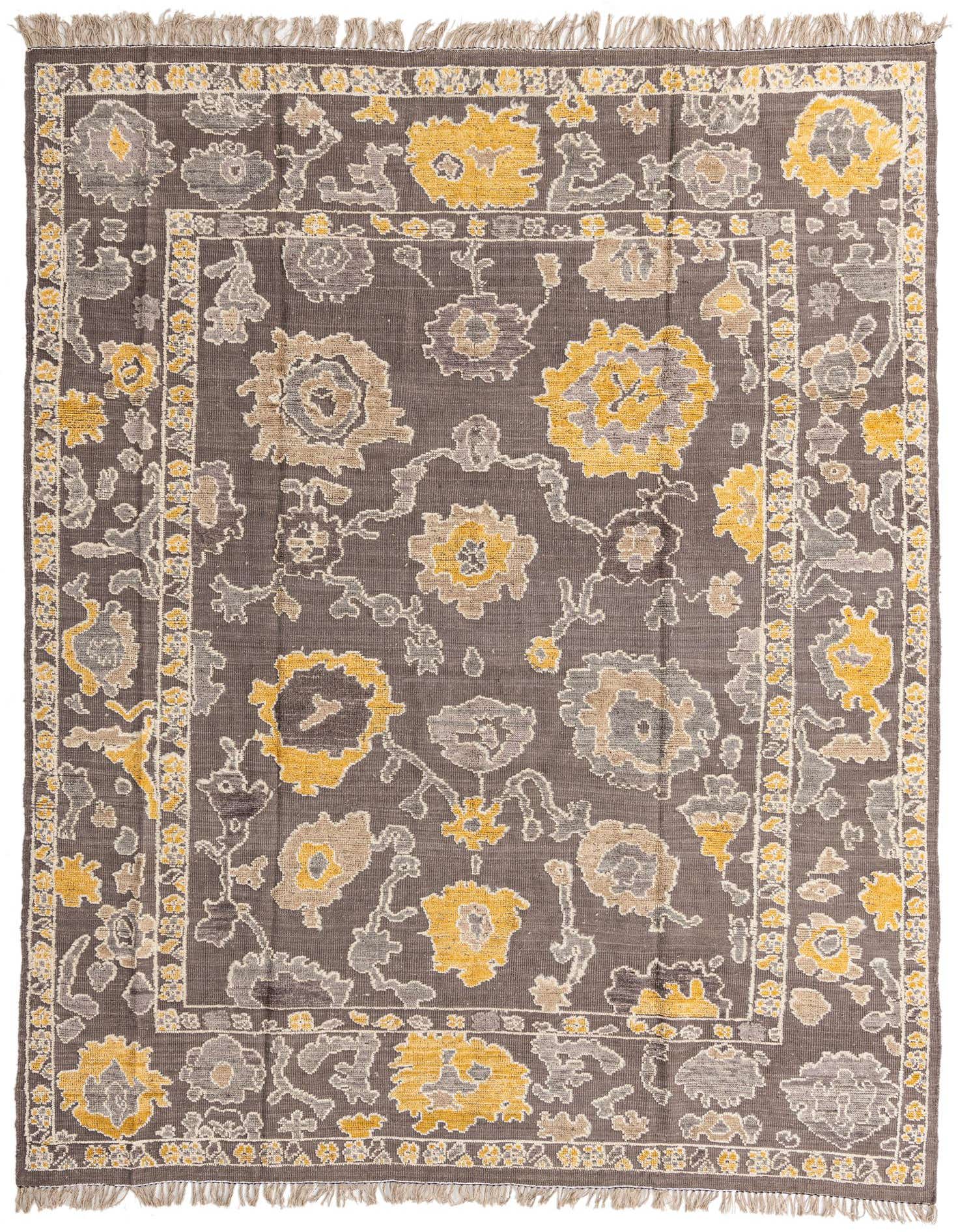 A 9x12 rectangular Oushak rug featuring a modern abstract floral pattern in gray, silver, and gold tones with fringe.