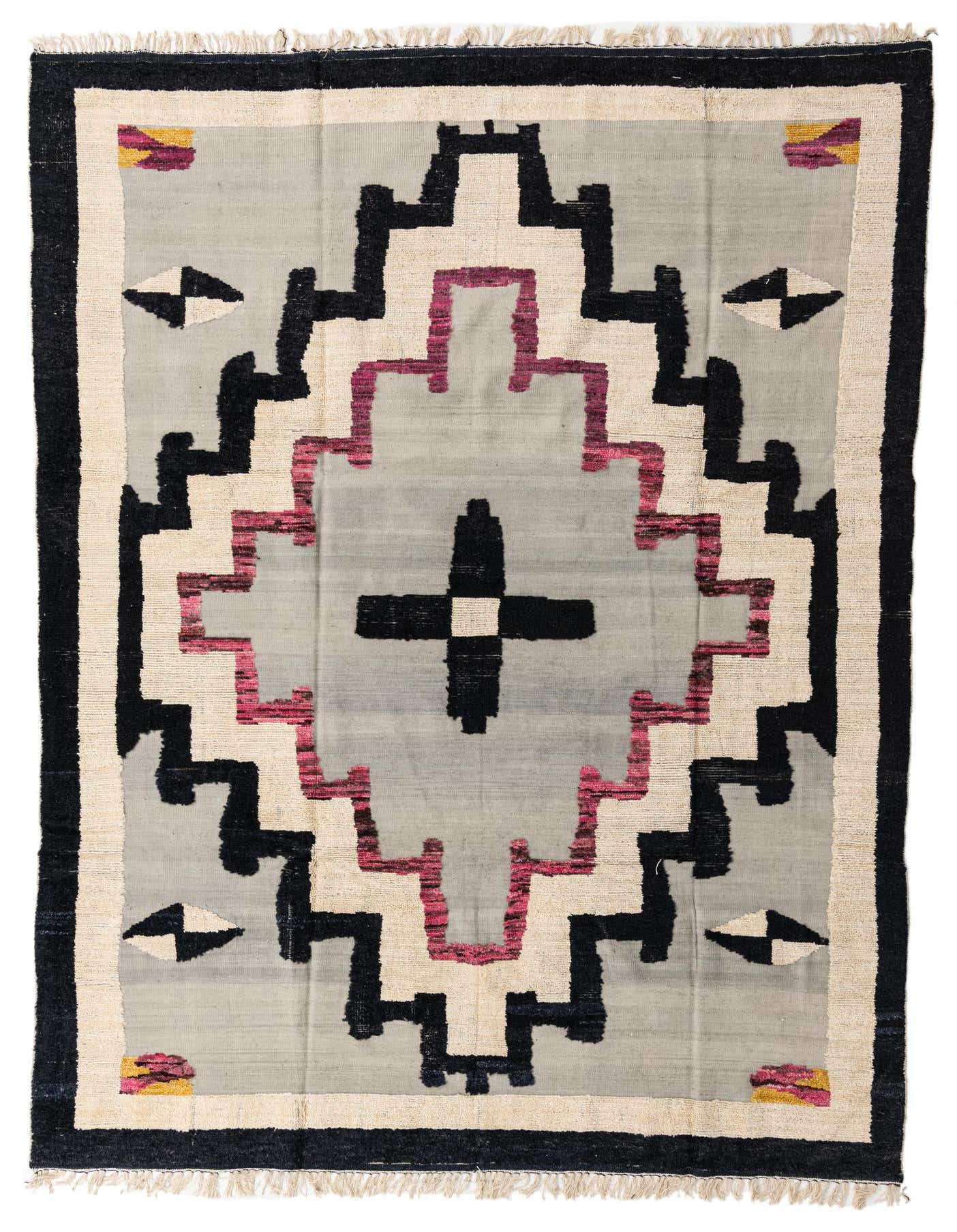 A 9x12 rectangular gray wool rug with a modern abstract pattern in black, cream, and magenta, featuring a textured pile and fringe.