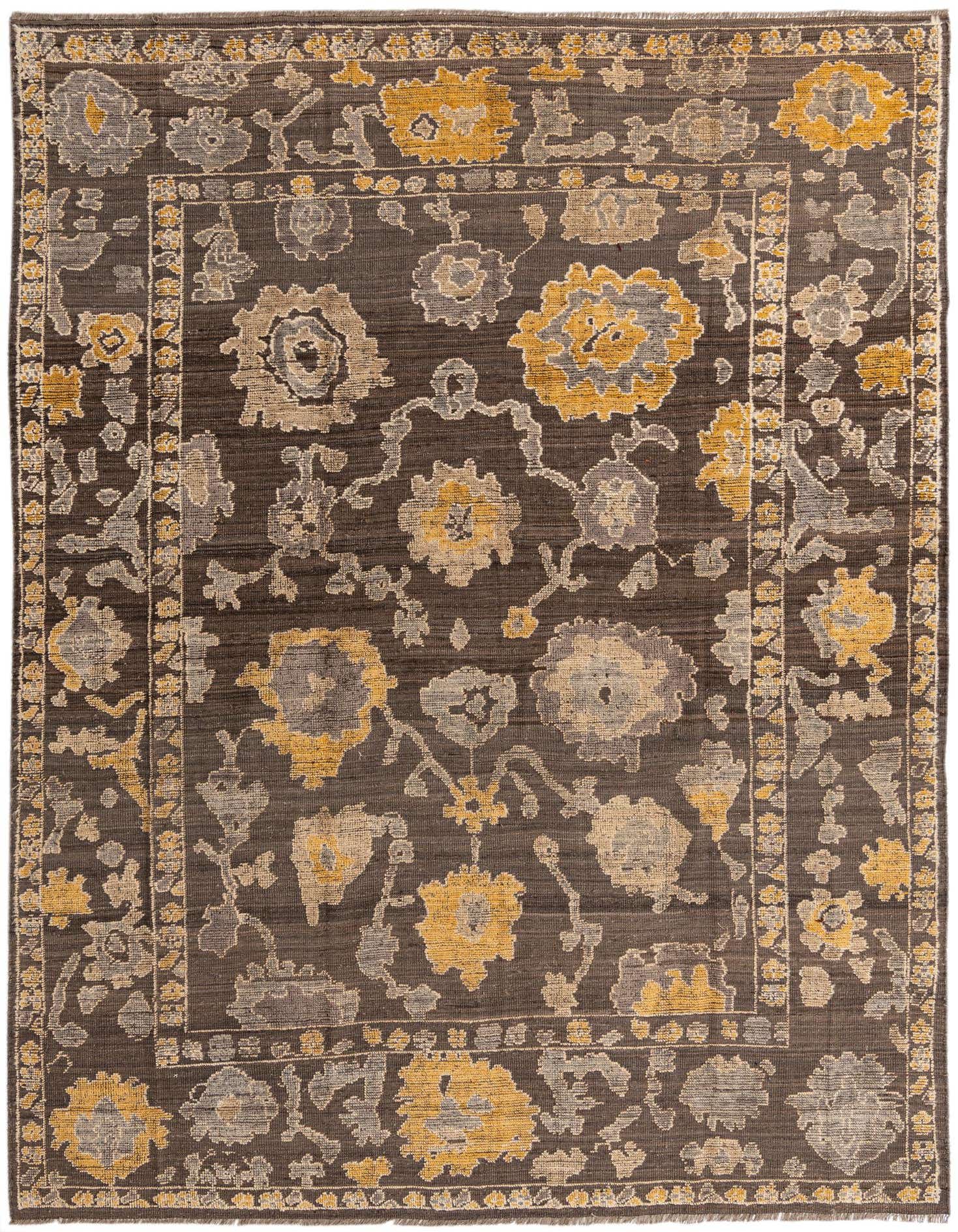 A 9x12 rectangular Oushak rug featuring an abstract floral pattern in gray, silver, and gold tones on a dark gray background.