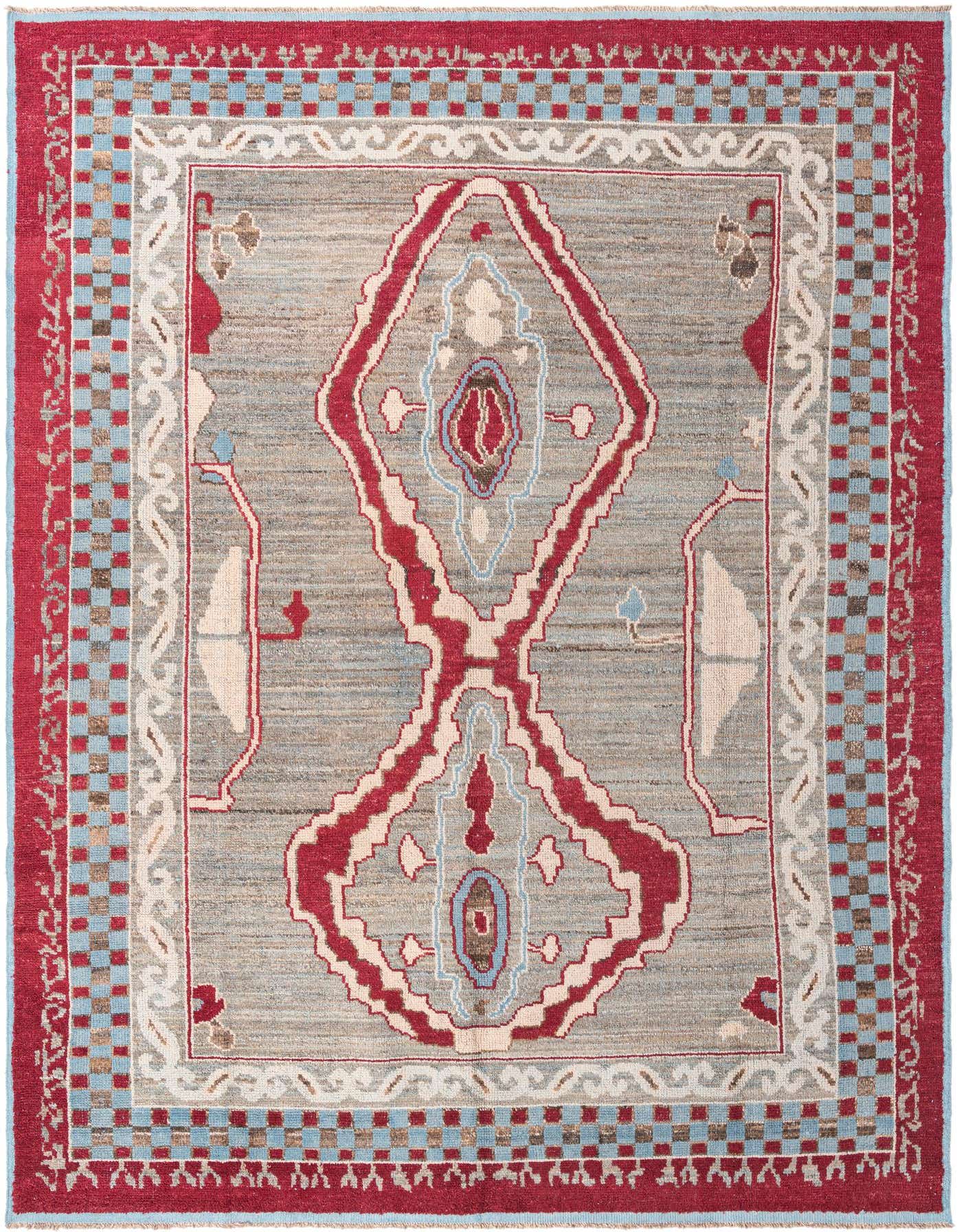 A 10x14 rectangular Oushak rug with a gray field, red medallion, and blue and red borders.