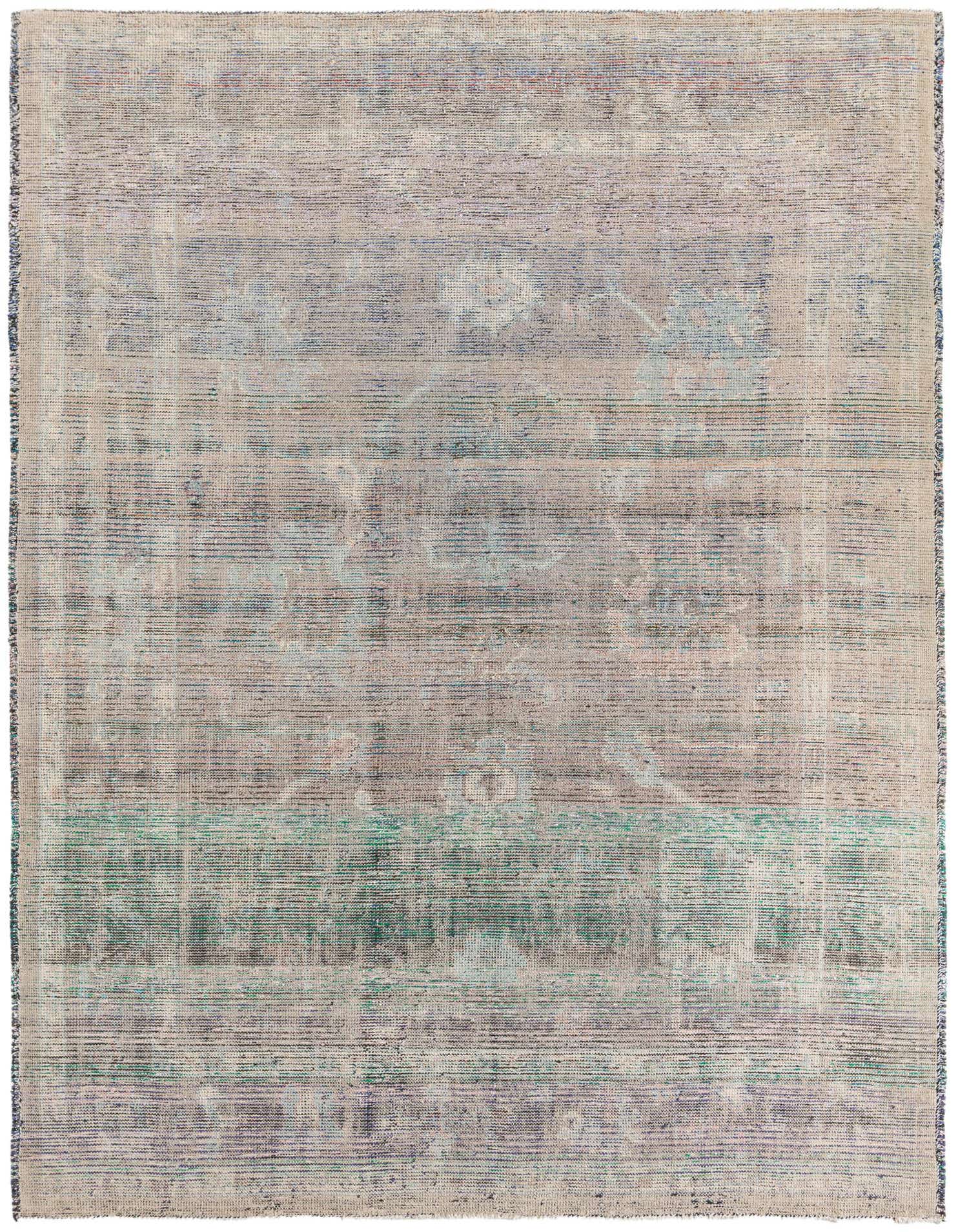 A 9x12 rectangular modern Oushak rug in shades of gray and silver with subtle distressed patterns, suitable for a living room.