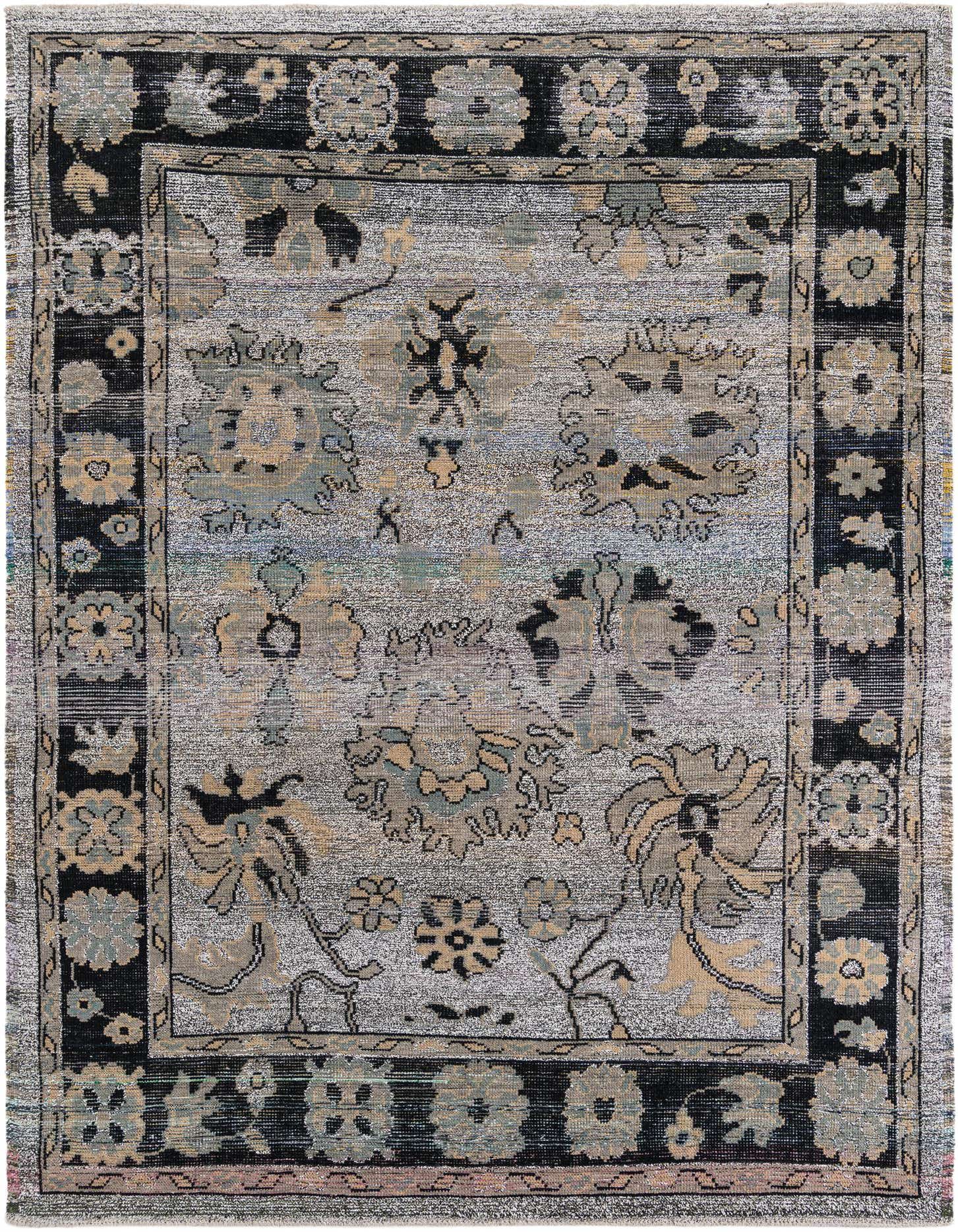 A 9x12 rectangular gray wool area rug with a modern floral Oushak pattern and a dark border.