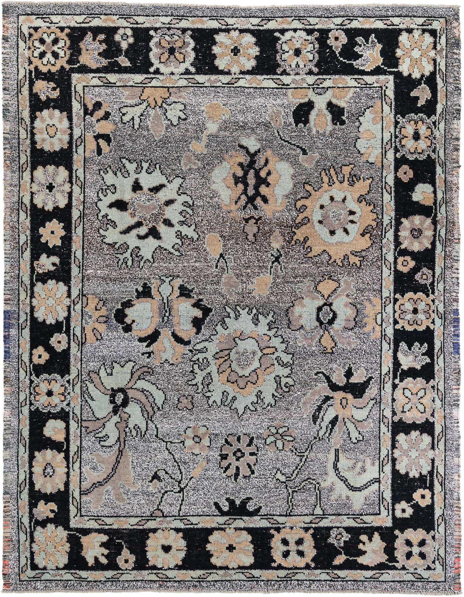 A 9x12 rectangular Oushak rug with a modern floral pattern in grays, silvers, black, and light blue, featuring a dark border.