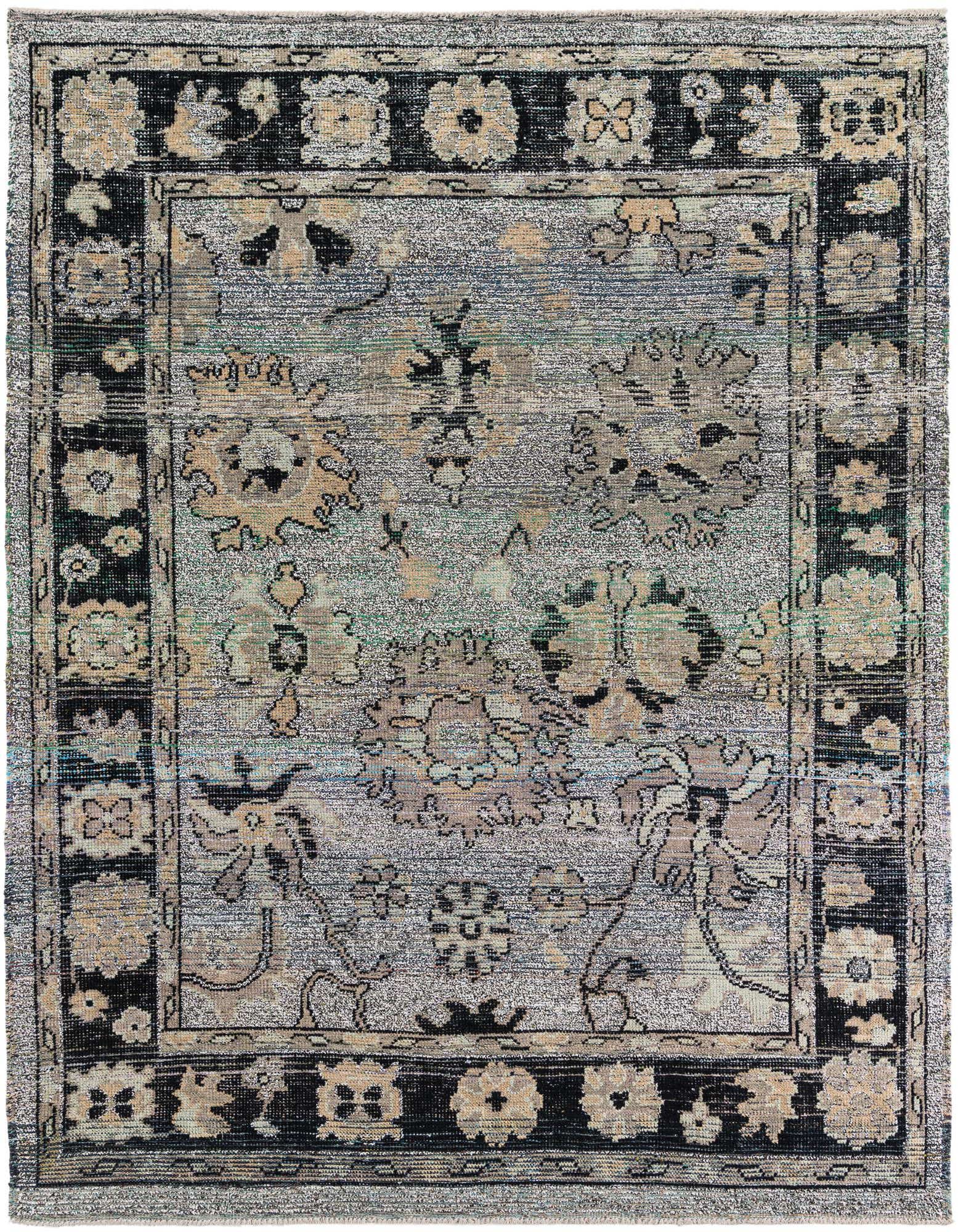 An 8x10 rectangular gray modern wool rug with a distressed floral pattern and dark border.