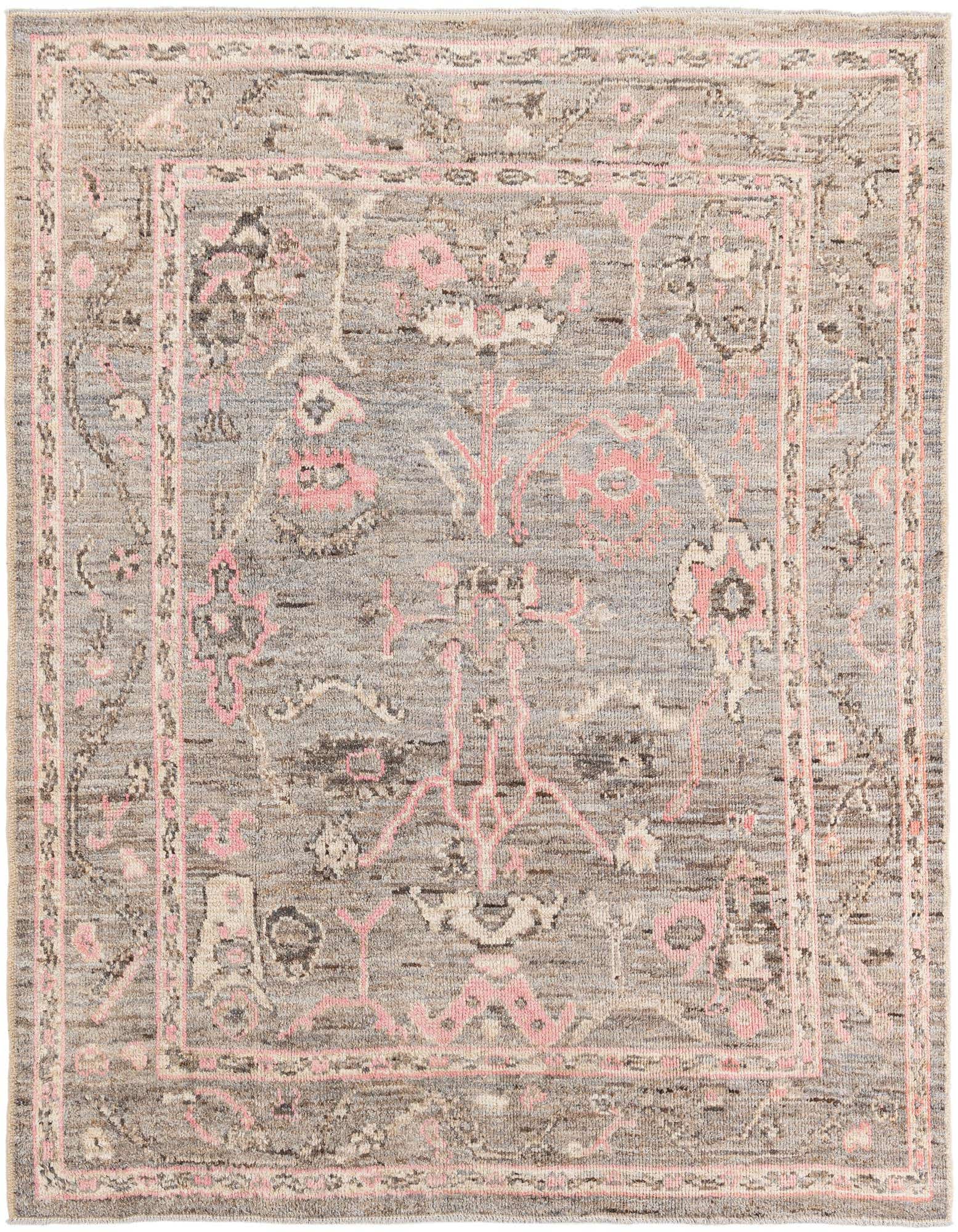 A rectangular 8x10 gray wool rug with a modern Oushak pattern featuring subtle pink and cream accents, suitable for a living room.