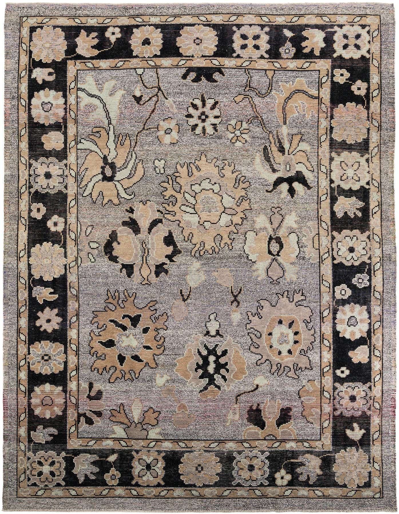 A 10x14 rectangular gray modern wool rug with a black and beige floral border and large floral motifs.
