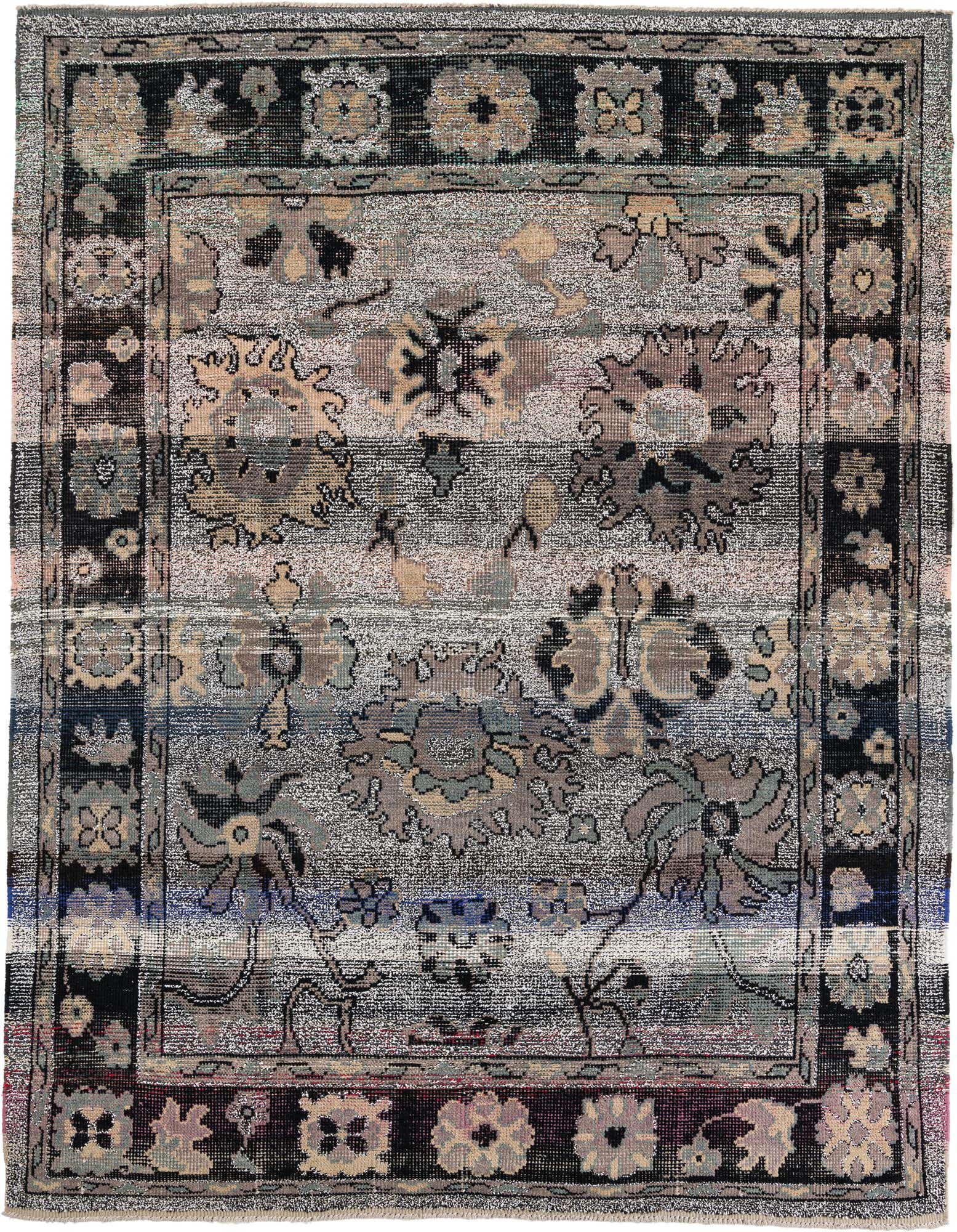 An 8x10 rectangular Oushak rug featuring a modern floral and medallion pattern in grays and silvers.