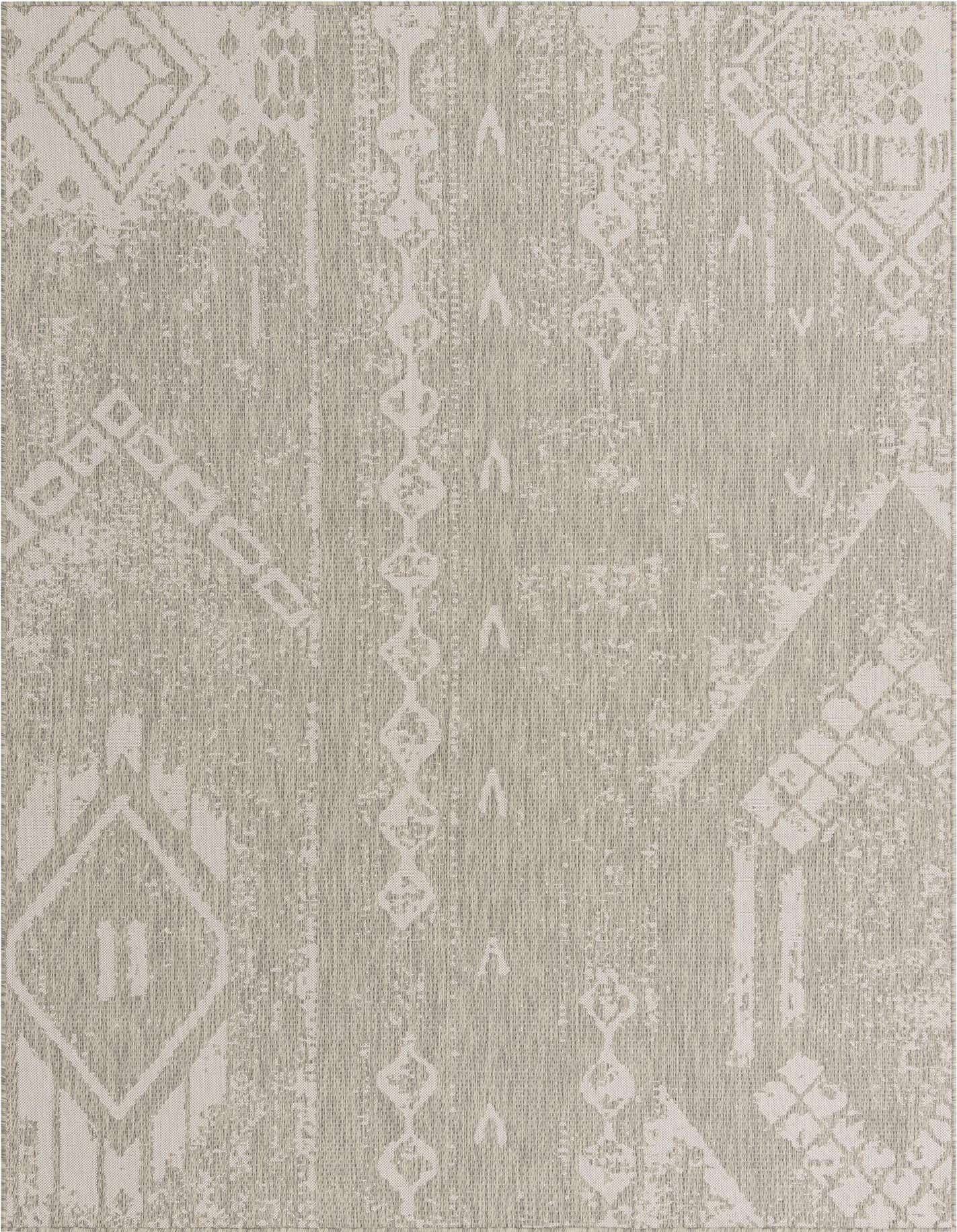 A 7x10 rectangular gray modern abstract rug with a textured, flatweave pattern, suitable for indoor/outdoor use.