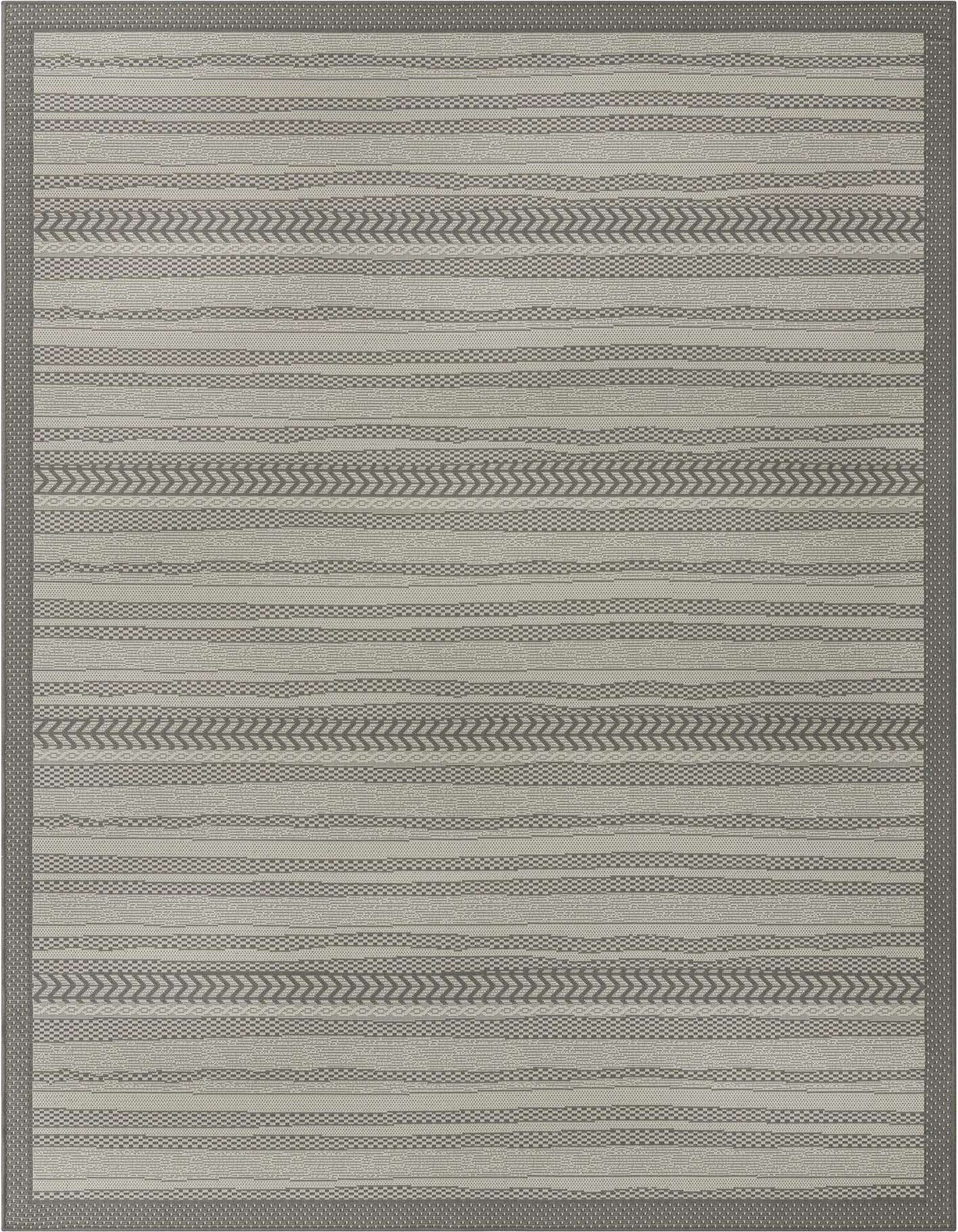 A 7x10 rectangular gray and silver modern striped area rug with a flatweave texture and a subtle border.