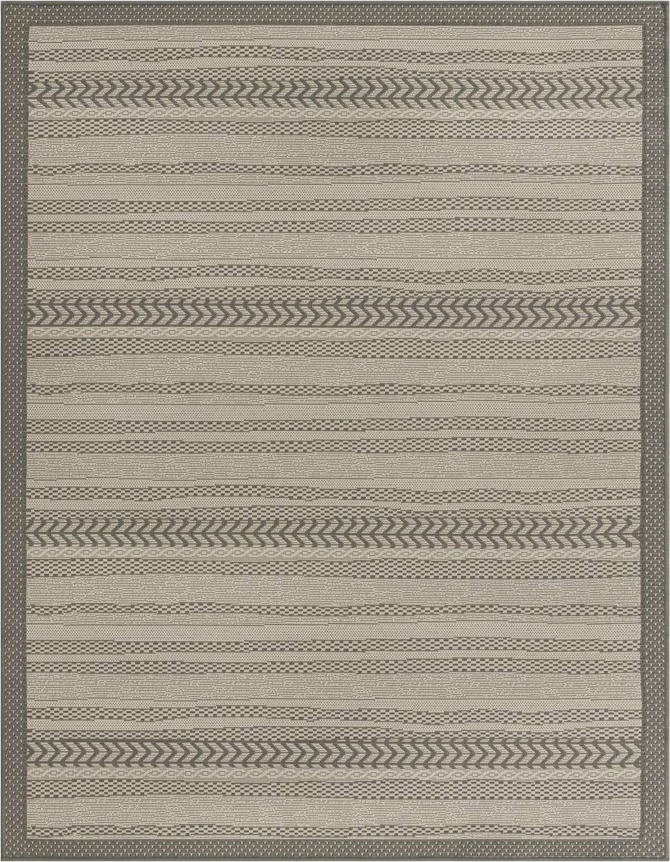 A 5x8 rectangular gray indoor/outdoor rug with a modern striped pattern and a textured flatweave pile.