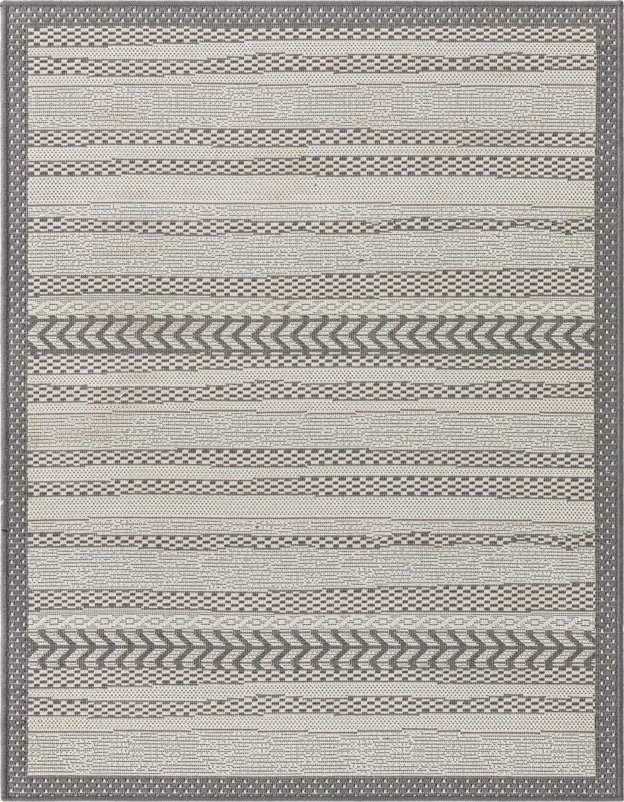 A 3x5 rectangular gray and silver modern striped rug with a flatweave texture and a border pattern, suitable for indoor or outdoor use.