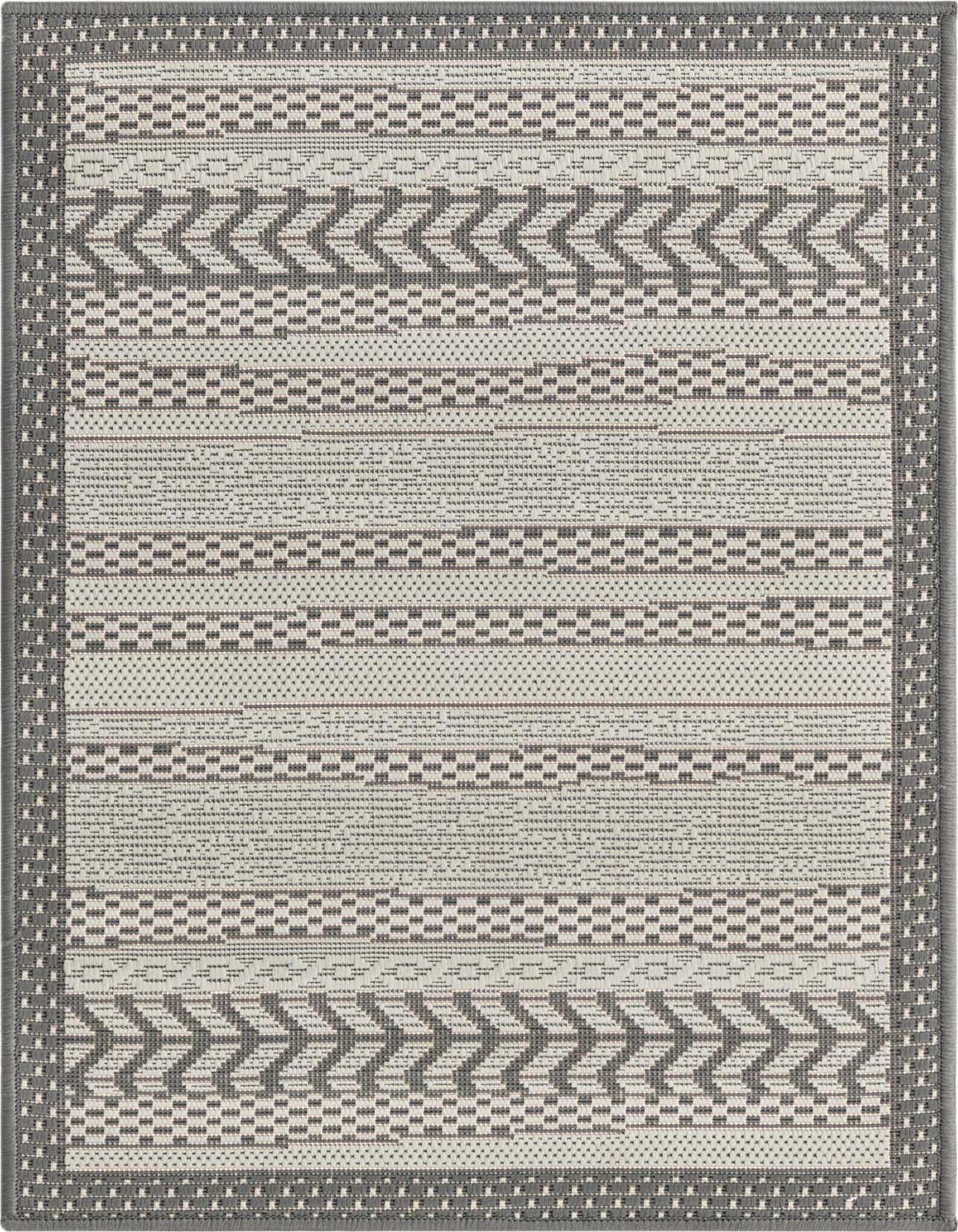 A 2x3 rectangular gray and silver modern flatweave rug with a striped pattern and a textured border, suitable for indoor or outdoor use.