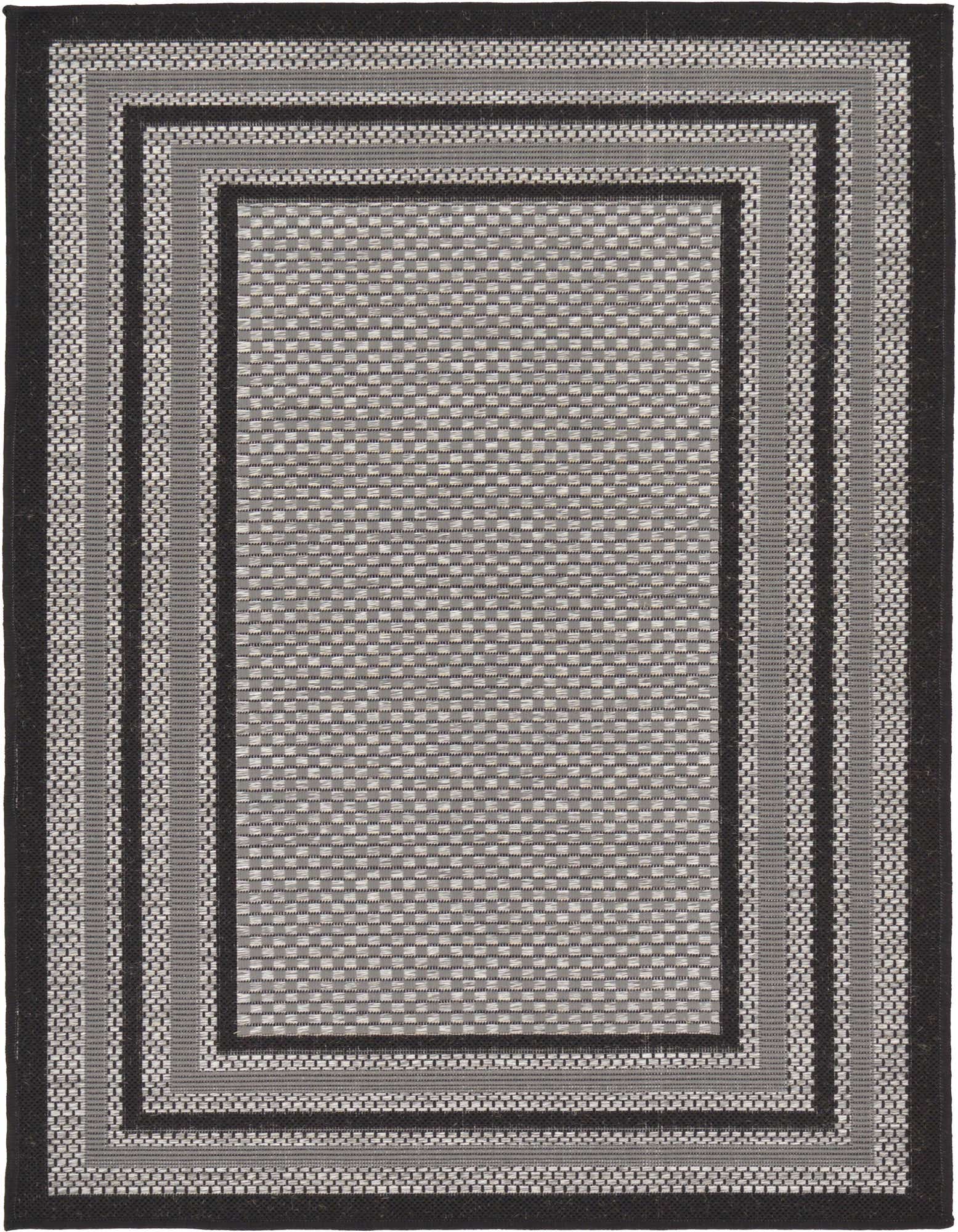 A 3x5 rectangular gray and silver indoor/outdoor rug with a modern solid border pattern.