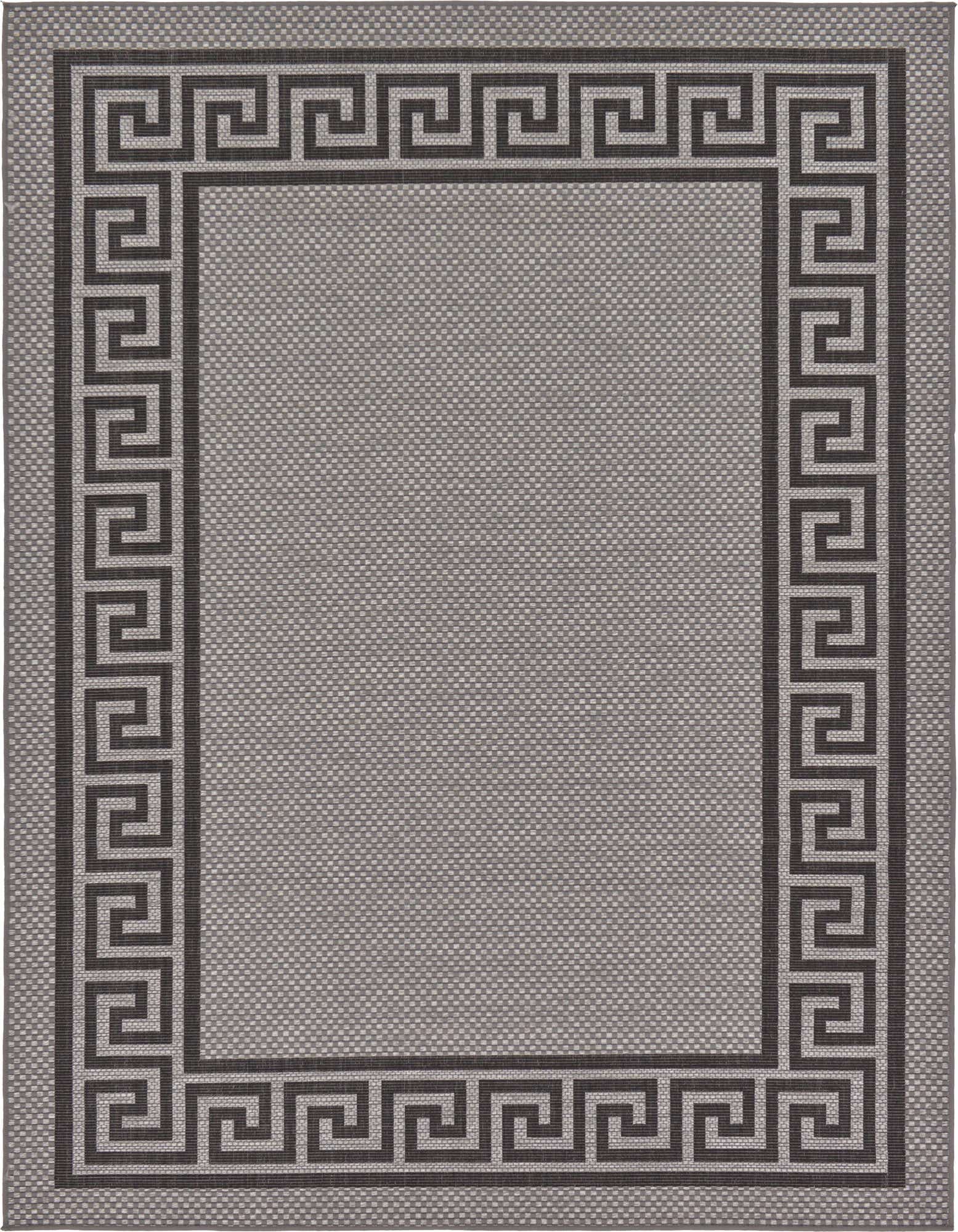 A 7x10 rectangular gray flatweave rug with a dark gray Greek key border pattern, suitable for indoor/outdoor use.