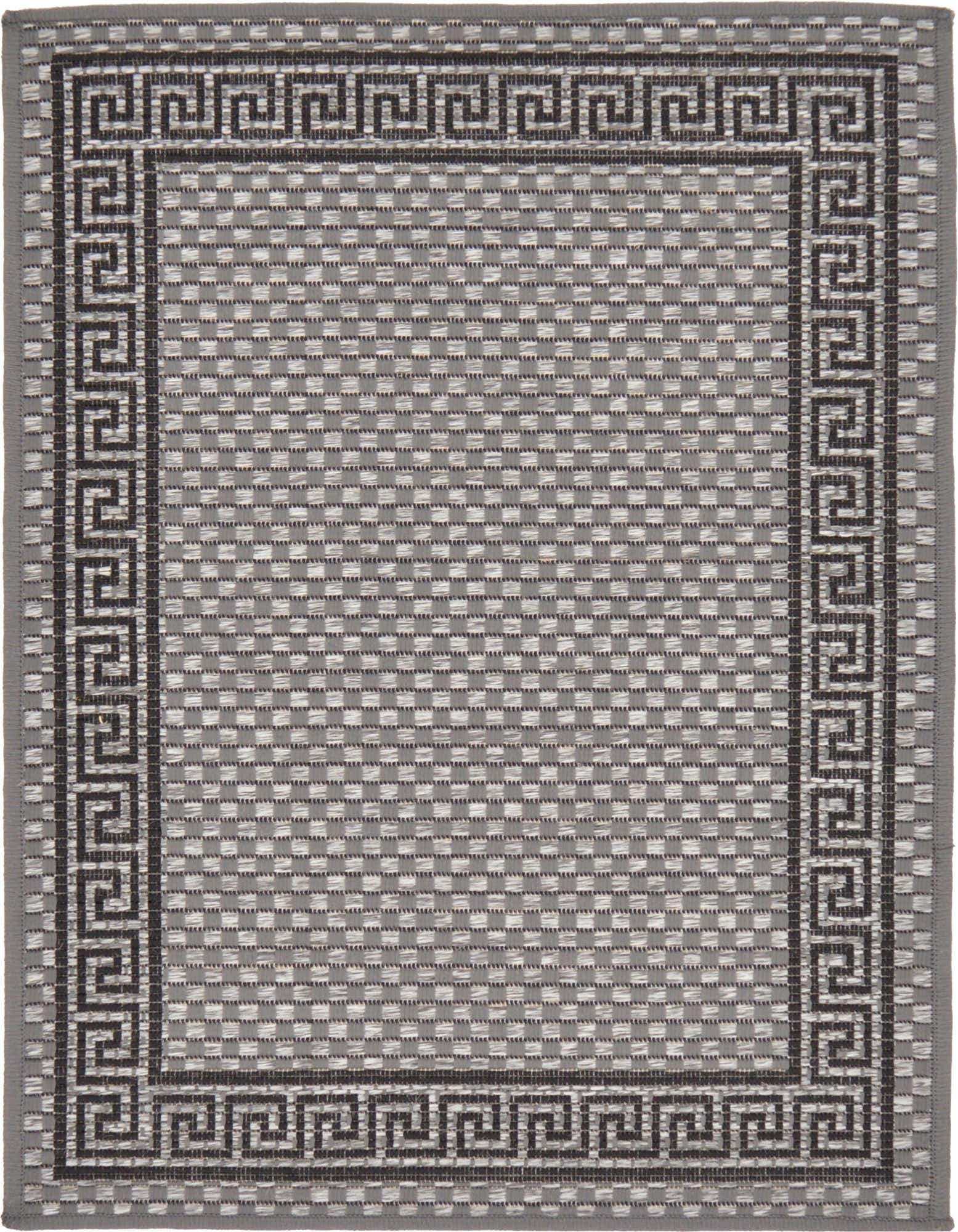 A 2x3 rectangular gray indoor/outdoor rug with a dark gray Greek key border pattern and a textured flatweave.