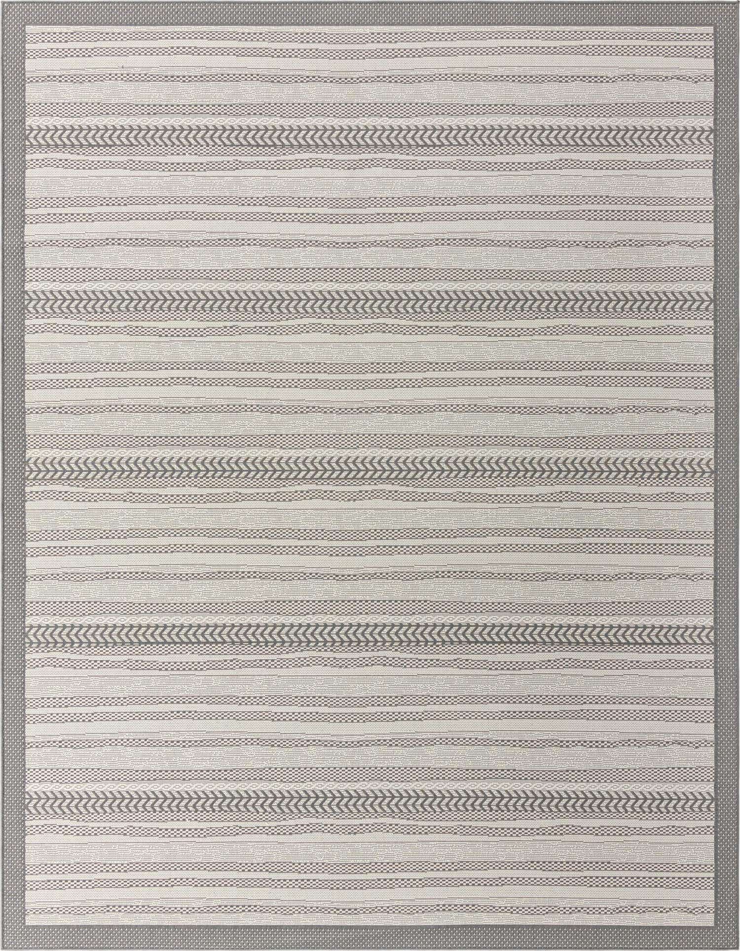 A 9x12 rectangular gray and silver striped flatweave rug with a modern border, suitable for indoor or outdoor use.