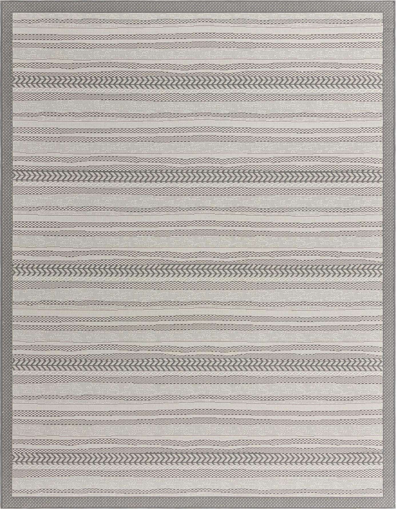 An 8x11 rectangular gray and silver modern striped flatweave rug with a subtle border, suitable for indoor or outdoor use.