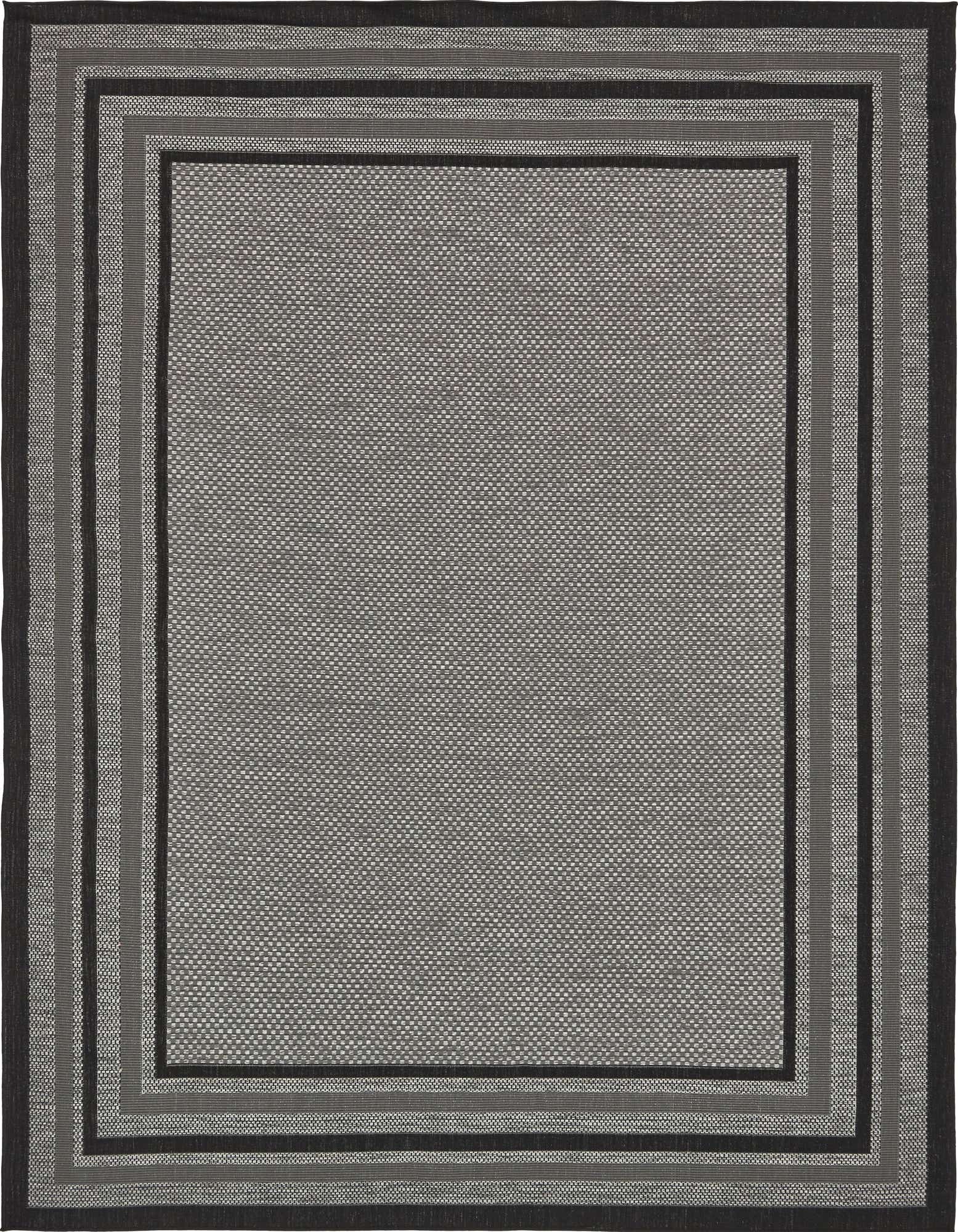 A 9x12 rectangular gray indoor/outdoor rug with a modern solid design and a multi-toned border.