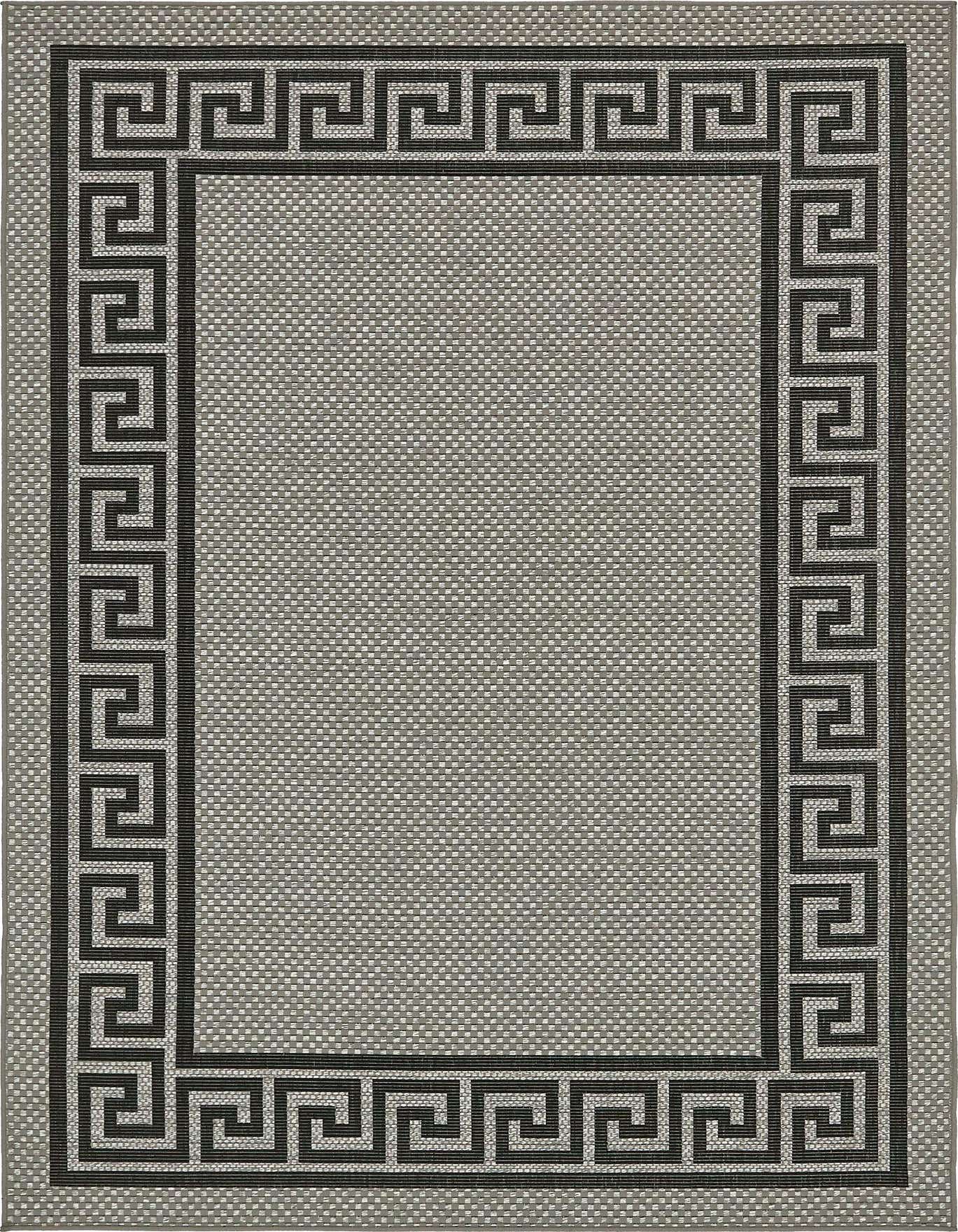 A 6x9 rectangular gray indoor/outdoor rug with a dark gray Greek key border pattern, featuring a textured flatweave.