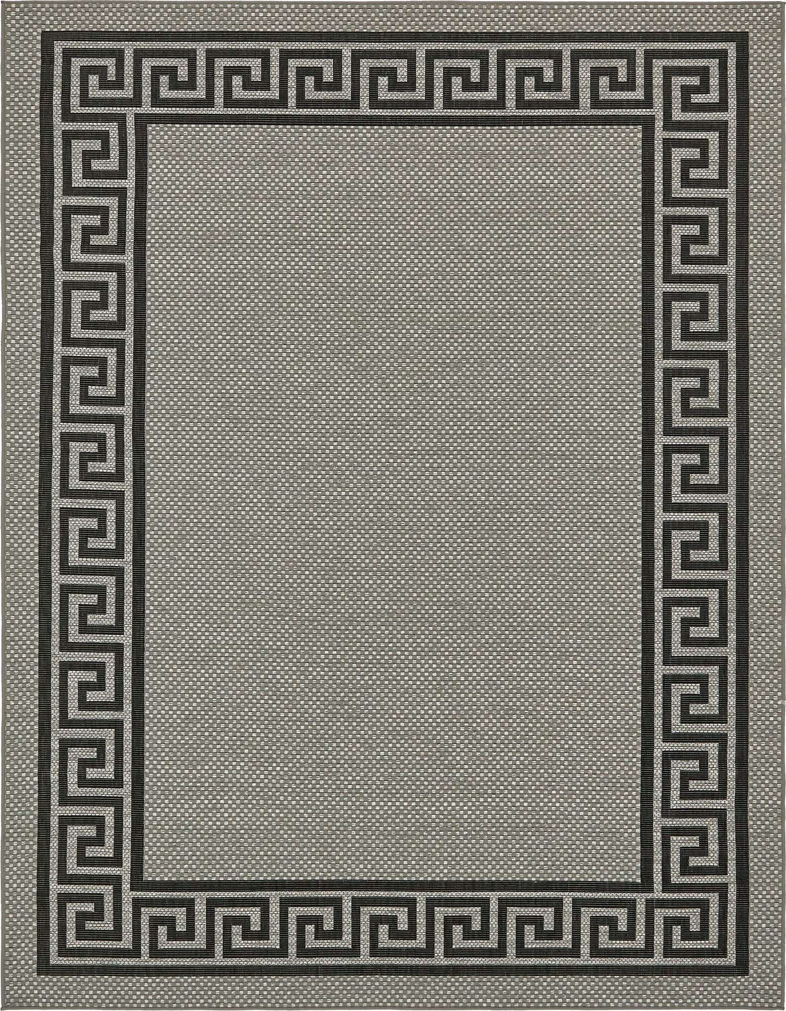 A rectangular 8x11 gray indoor/outdoor rug with a dark gray Greek key border pattern, featuring a flatweave texture.