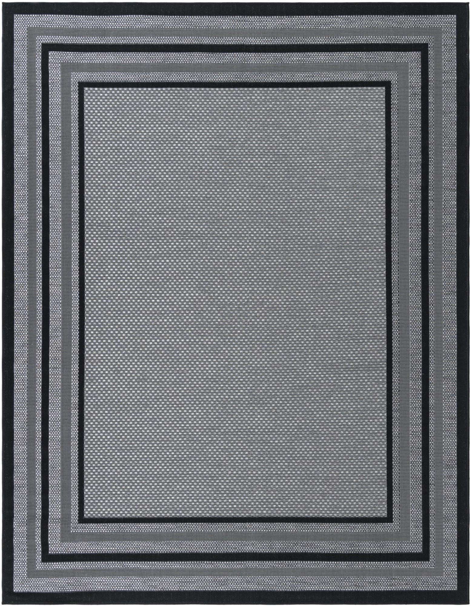 An 8x10 rectangular gray indoor/outdoor rug with a textured flatweave and a modern border pattern.