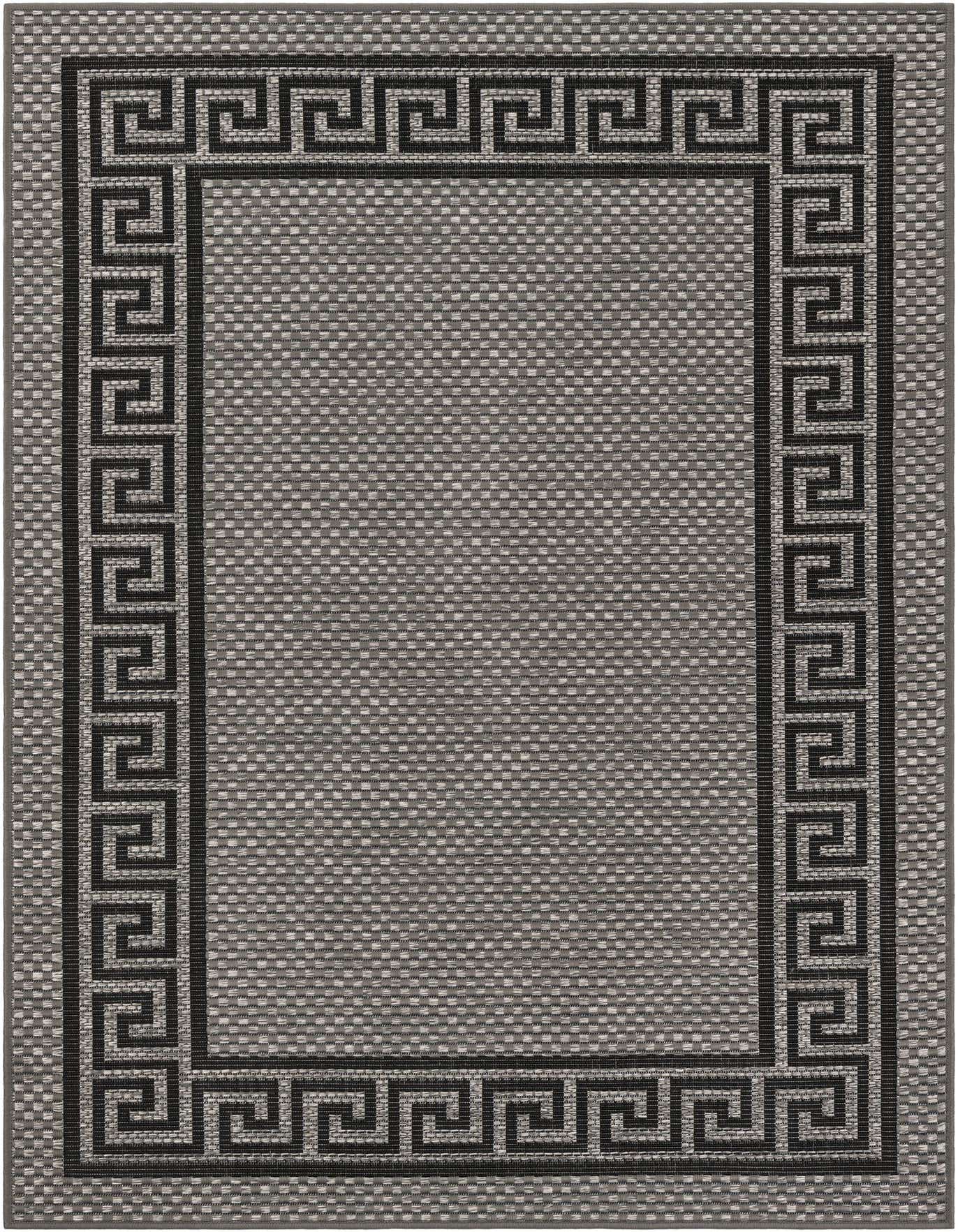 A 4x6 rectangular gray indoor/outdoor rug with a dark gray Greek key border pattern, featuring a textured flatweave.