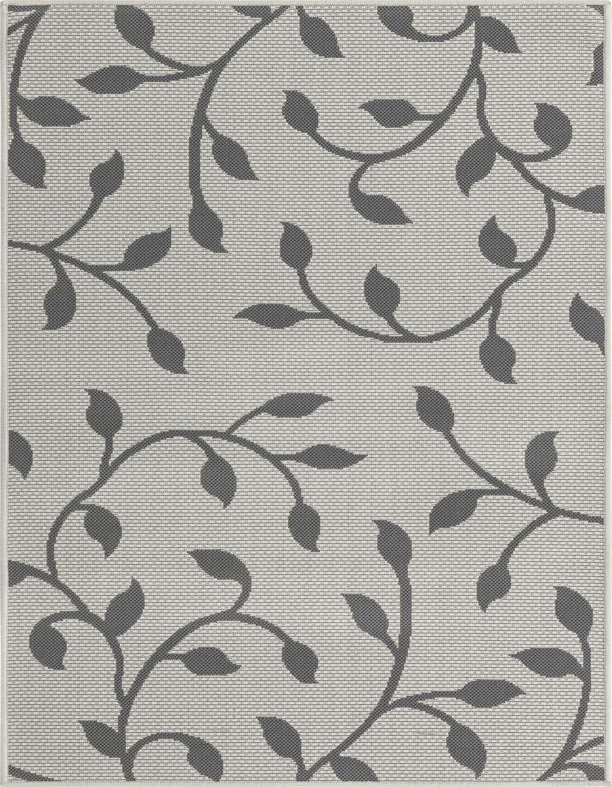 A 3x5 rectangular gray indoor/outdoor rug with a modern botanical pattern of dark gray vines and leaves on a light gray flatweave background.