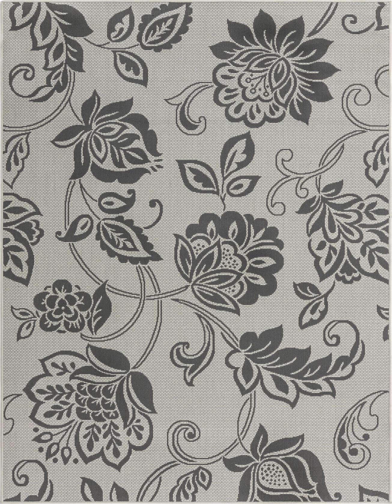 A 5x8 rectangular gray indoor/outdoor rug with a dark gray botanical floral pattern, suitable for a patio or living room.