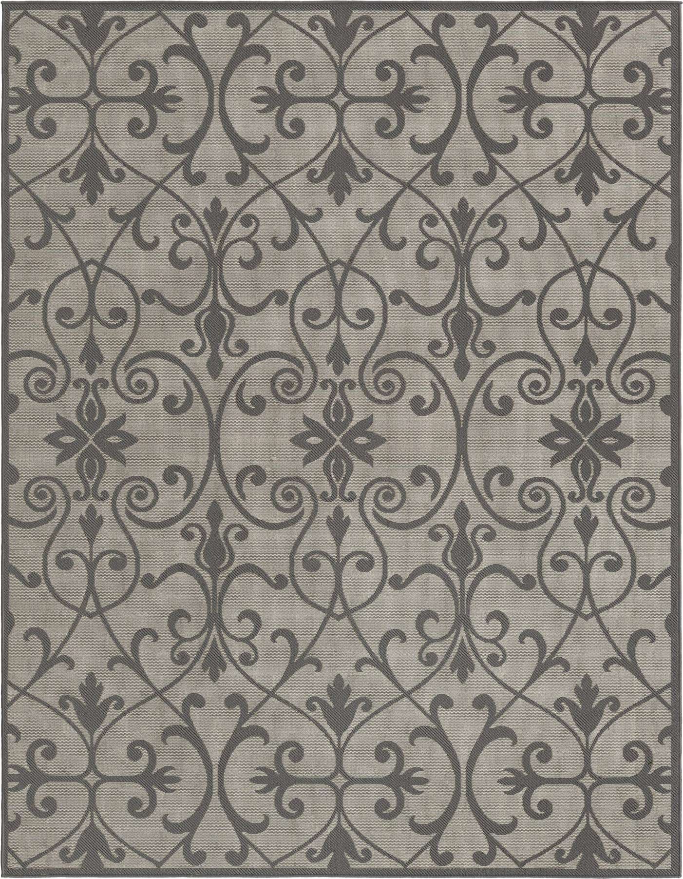 A 7x10 rectangular gray indoor/outdoor rug with a traditional botanical scroll pattern, ideal for a patio or living room.