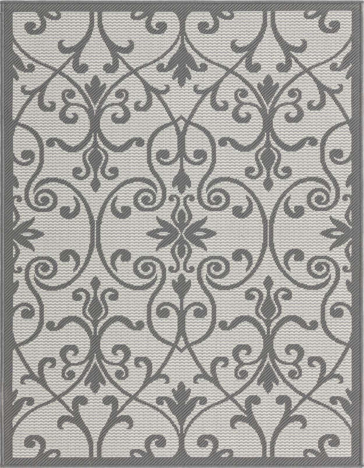A 3x5 rectangular gray and silver indoor/outdoor rug with a traditional botanical medallion pattern and a flatweave texture.