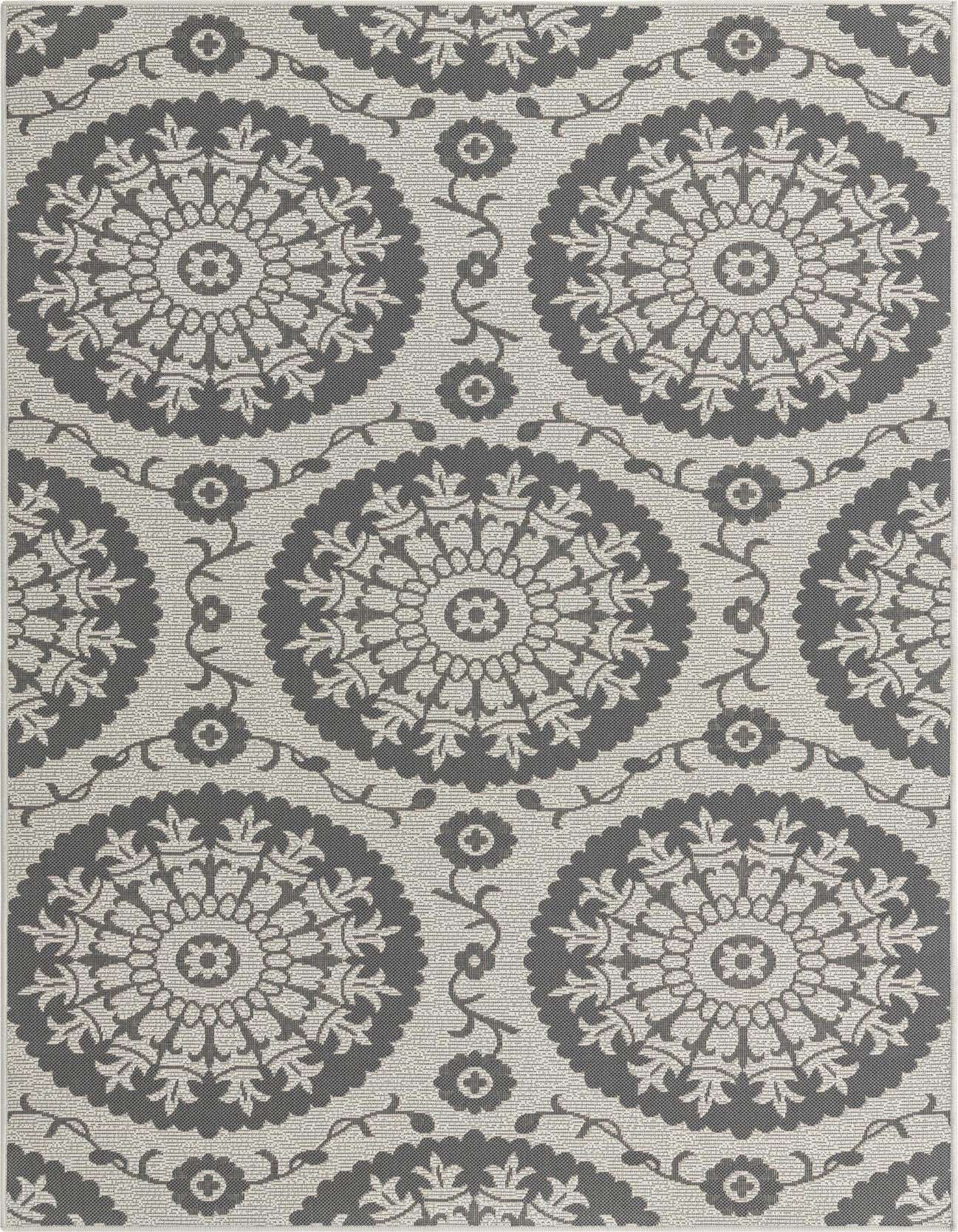 A 5x8 rectangular gray and silver indoor/outdoor rug with a repeating traditional botanical medallion pattern.