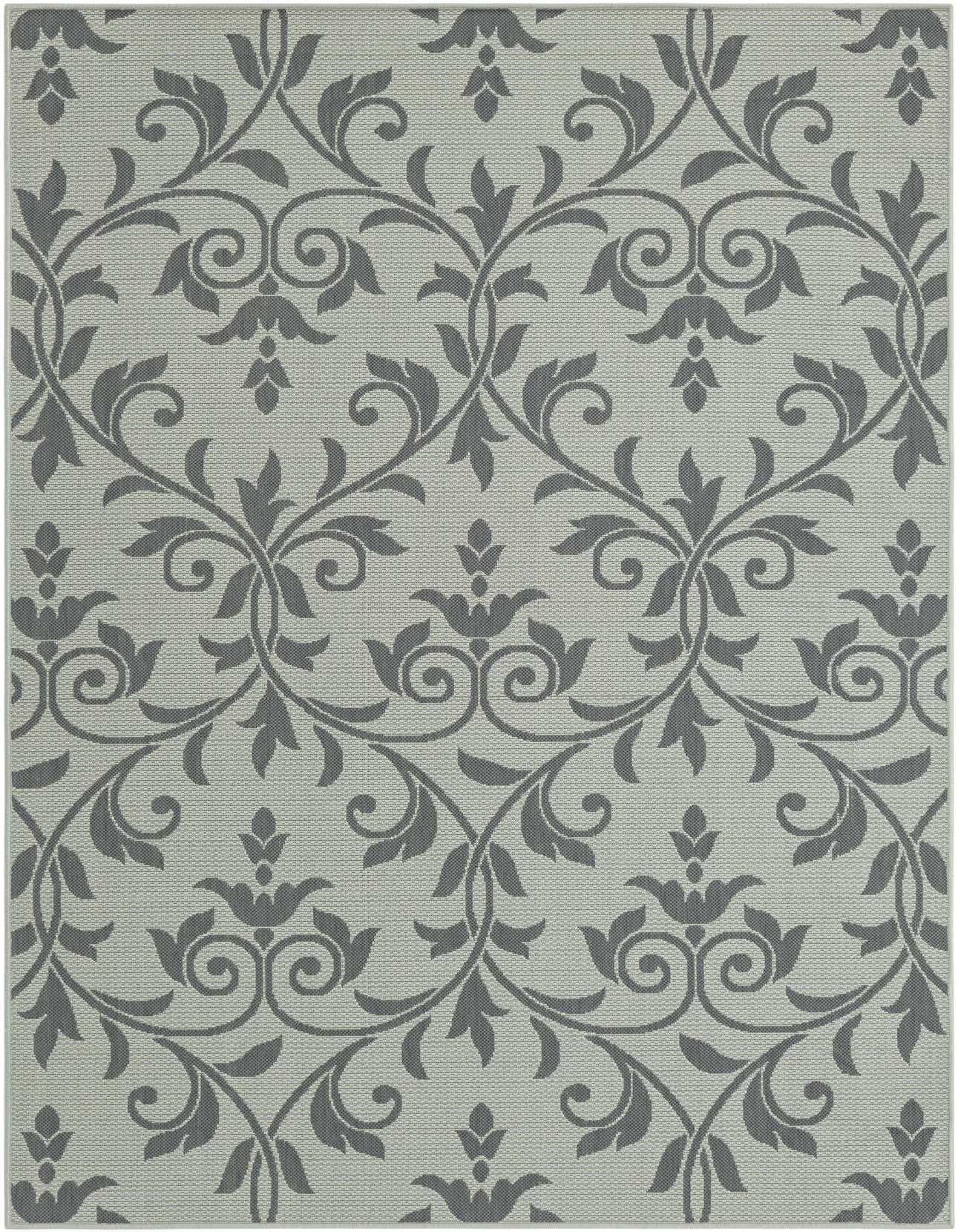 A 5x8 rectangular gray botanical rug with a repeating modern Victorian floral pattern, suitable for indoor or outdoor use.