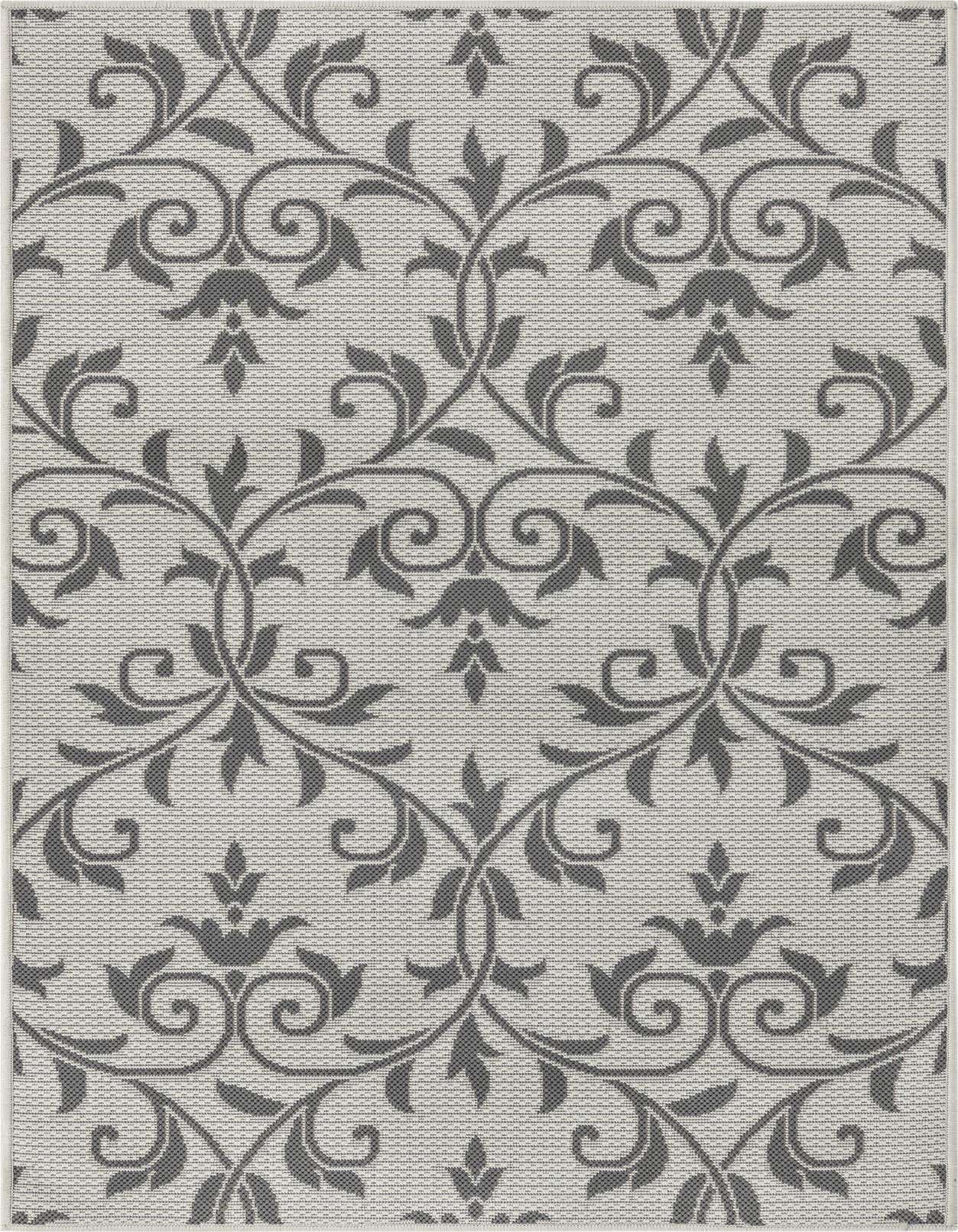 A rectangular 3x5 gray indoor/outdoor rug with a repeating botanical and floral pattern, suitable for a patio or entryway.