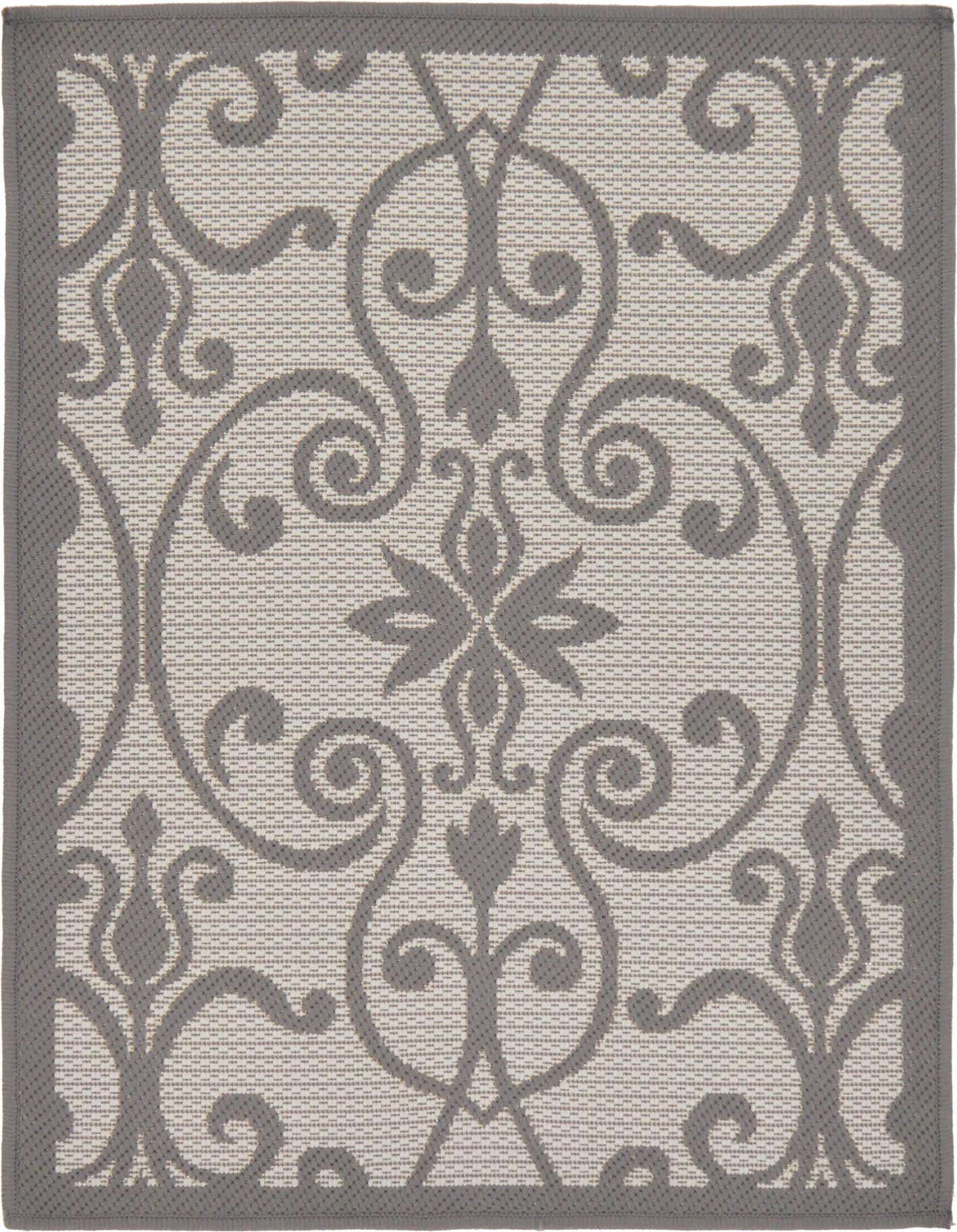 A 2x3 rectangular gray and silver indoor/outdoor rug with a traditional botanical medallion pattern and a flatweave texture.