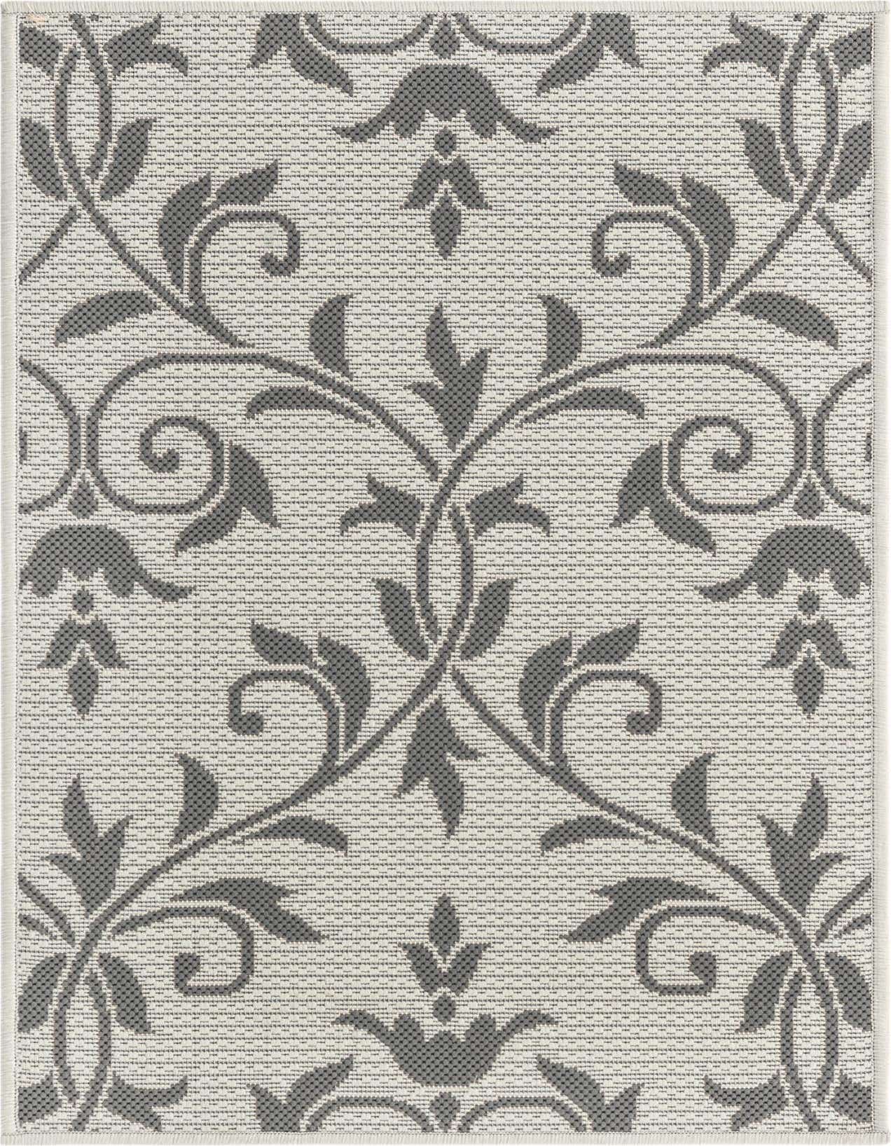 A 2x3 rectangular gray and silver botanical rug with a modern Victorian floral pattern, suitable for indoor or outdoor use.