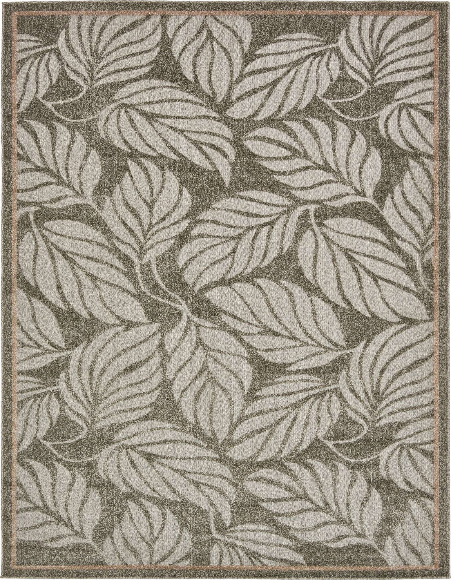 A 7x10 rectangular gray indoor/outdoor rug with a repeating light gray botanical leaf pattern and a thin border.