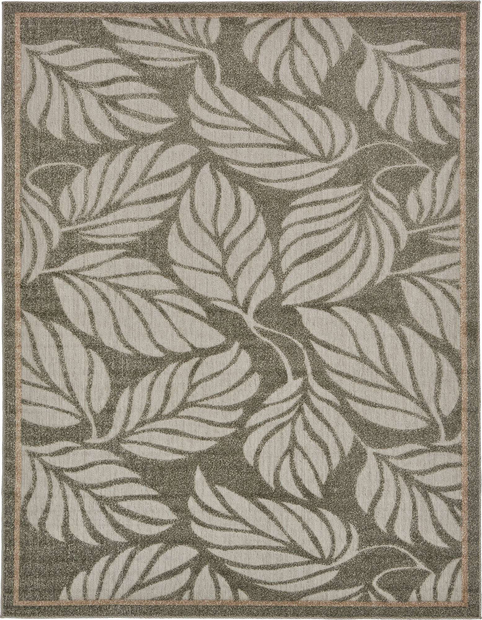 A 6x9 rectangular gray indoor/outdoor rug with a modern botanical leaf pattern and a subtle border.