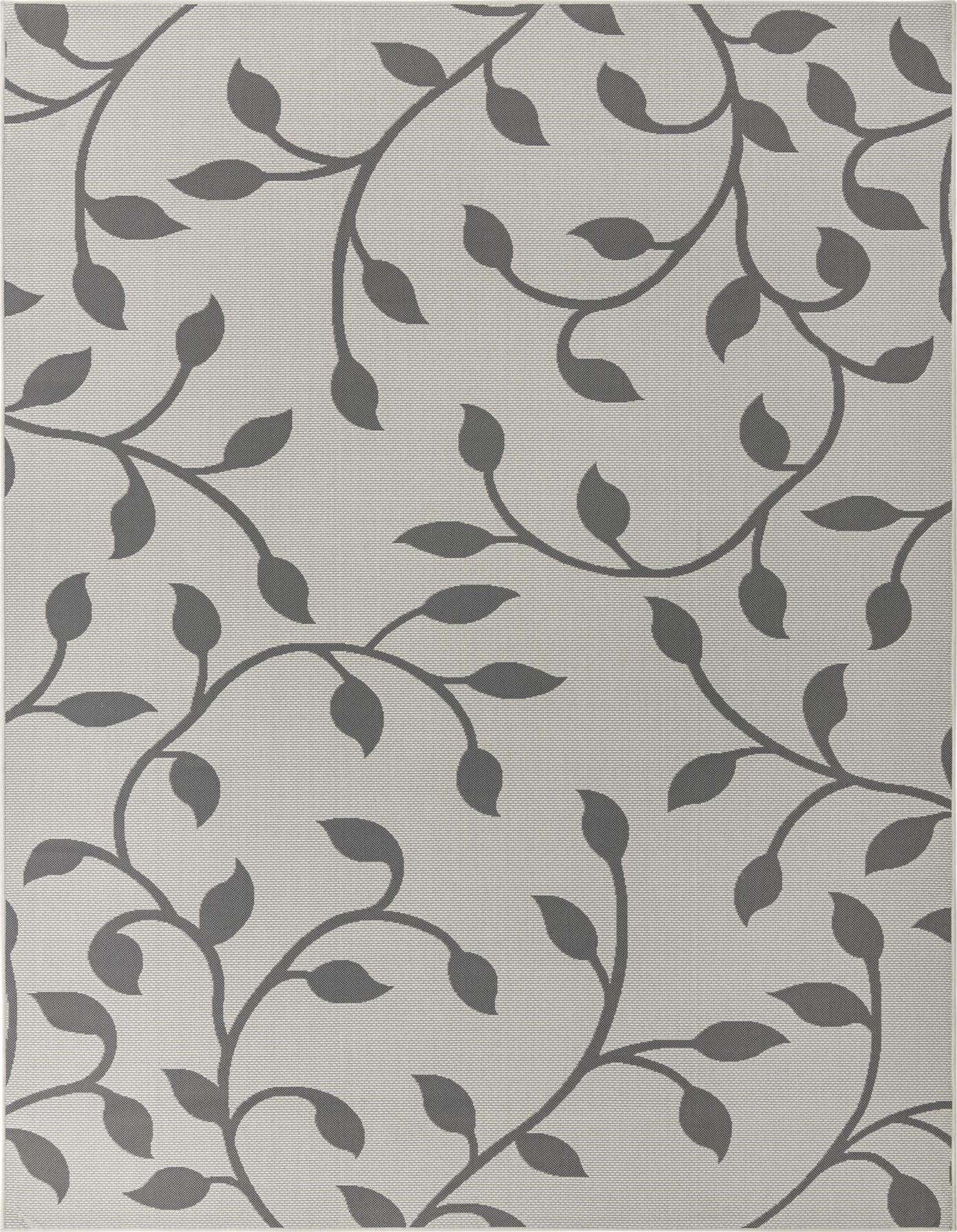 An 8x11 rectangular gray indoor/outdoor rug with a modern botanical pattern of dark gray vines and leaves on a lighter gray background.