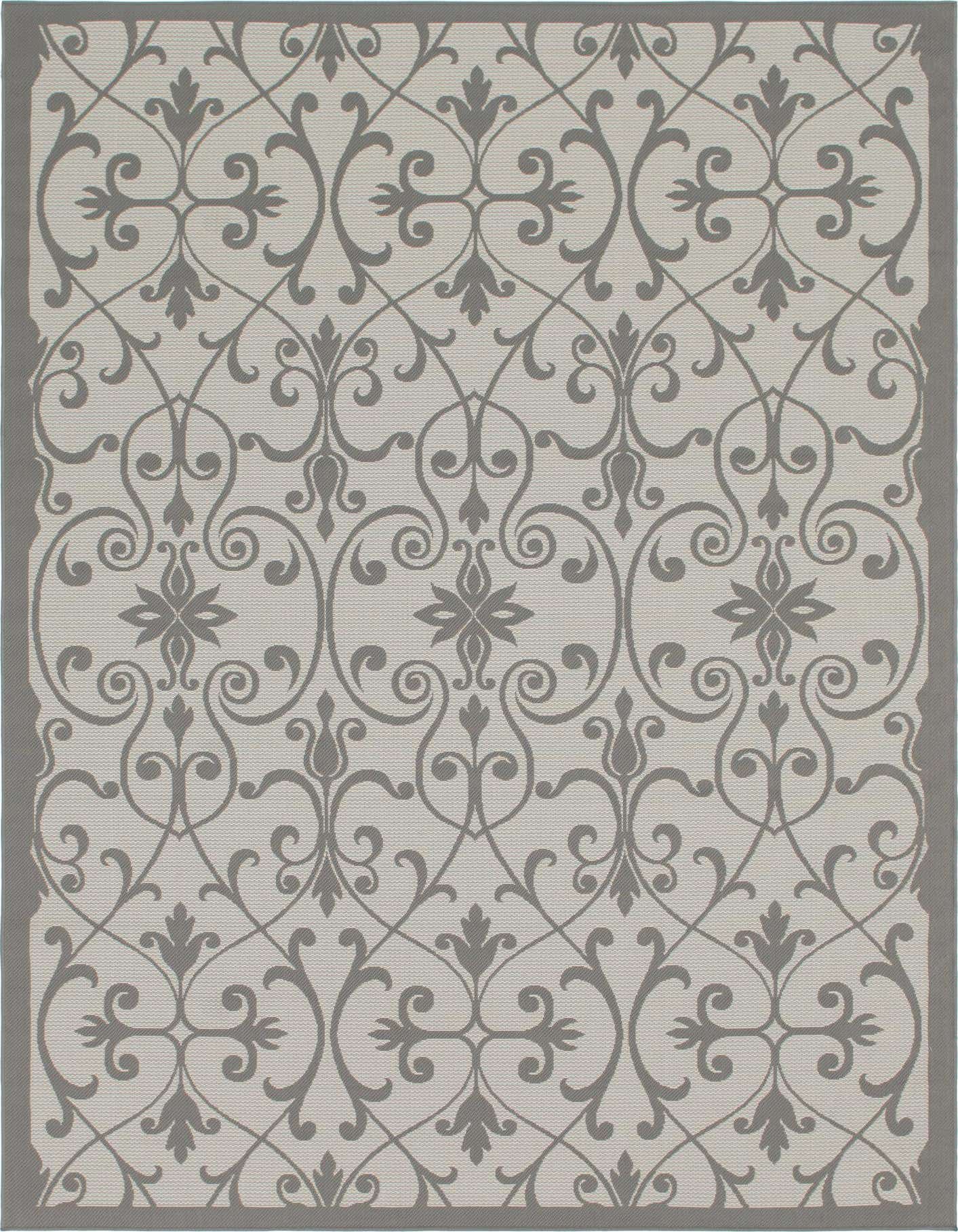 An 8x11 rectangular gray rug featuring a traditional botanical pattern with intricate scrollwork and floral motifs, suitable for indoor or outdoor use.