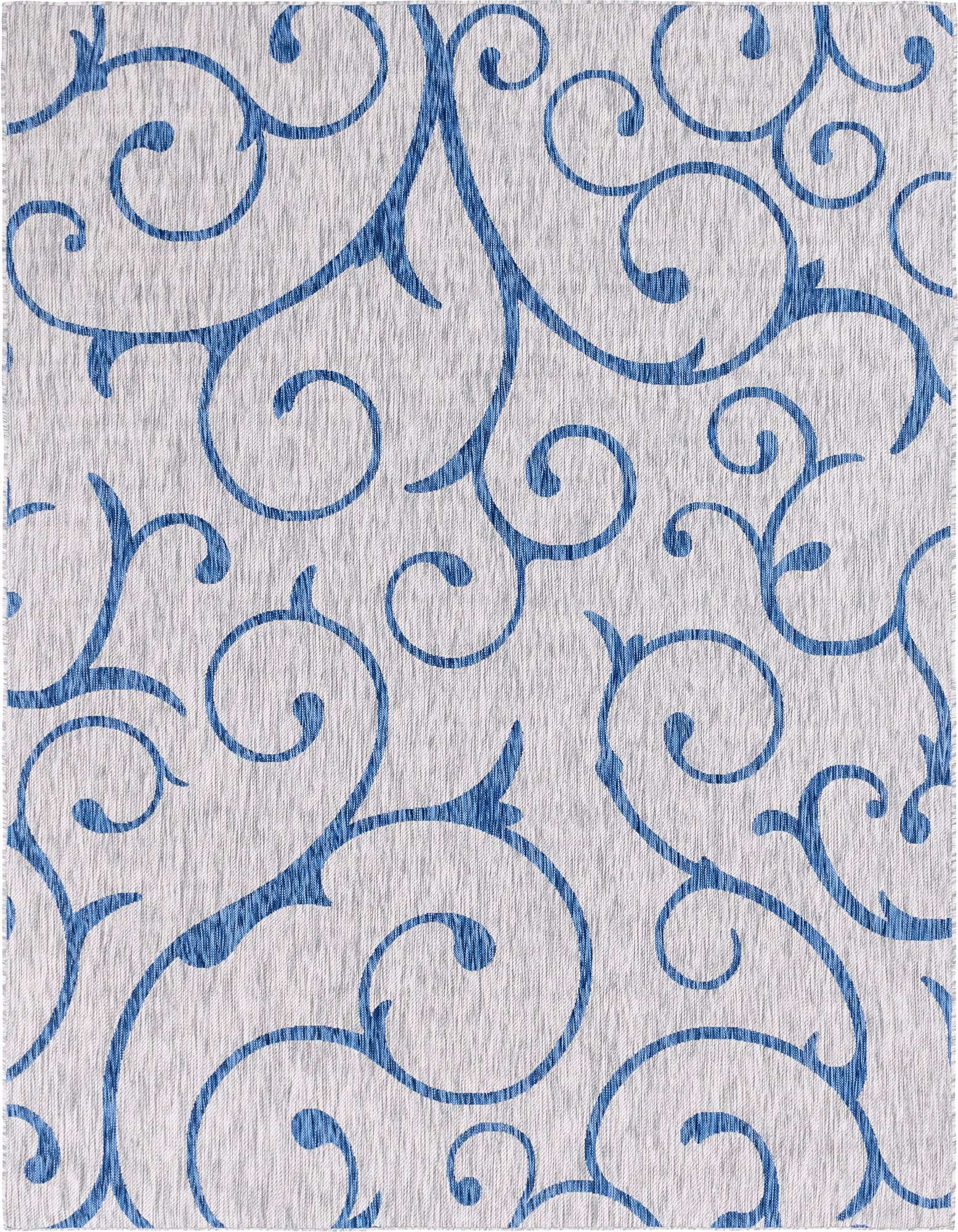 A 7x10 rectangular indoor/outdoor rug featuring a gray background with an intricate blue botanical scroll pattern.