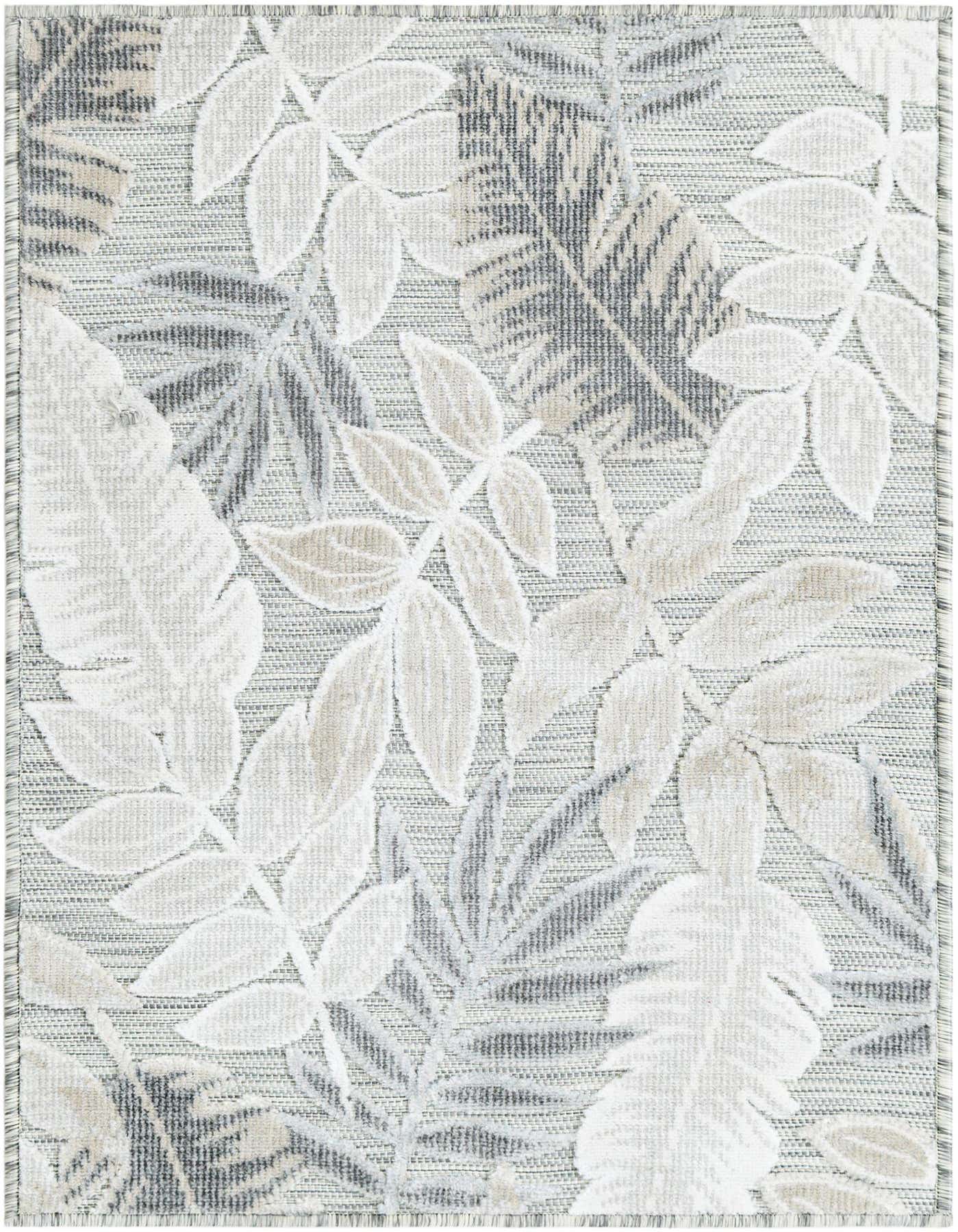 A 2x3 rectangular gray indoor/outdoor rug with a tropical leaf pattern in varying shades of gray and silver.