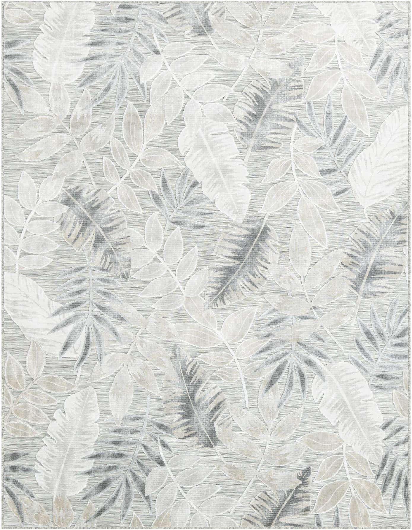 A 6x9 rectangular gray indoor/outdoor rug with a modern tropical leaf pattern in varying shades of gray, silver, and light beige.