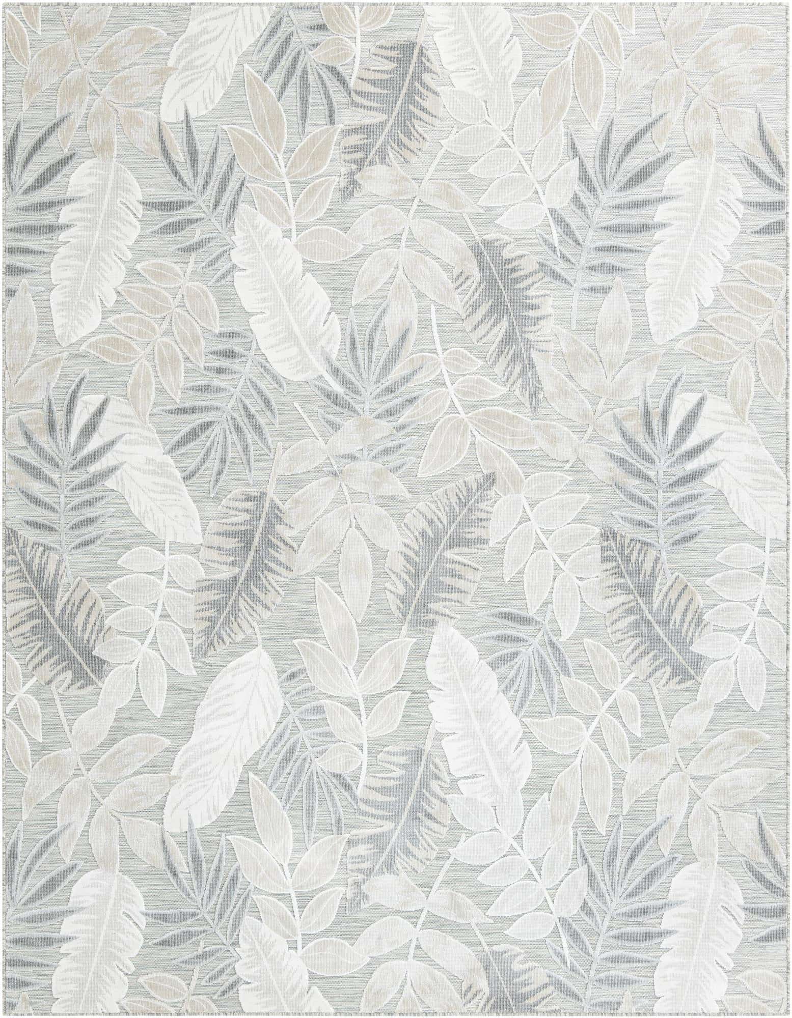 8x10 rectangular gray and silver rug with a modern tropical leaf pattern, suitable for indoor or outdoor use.