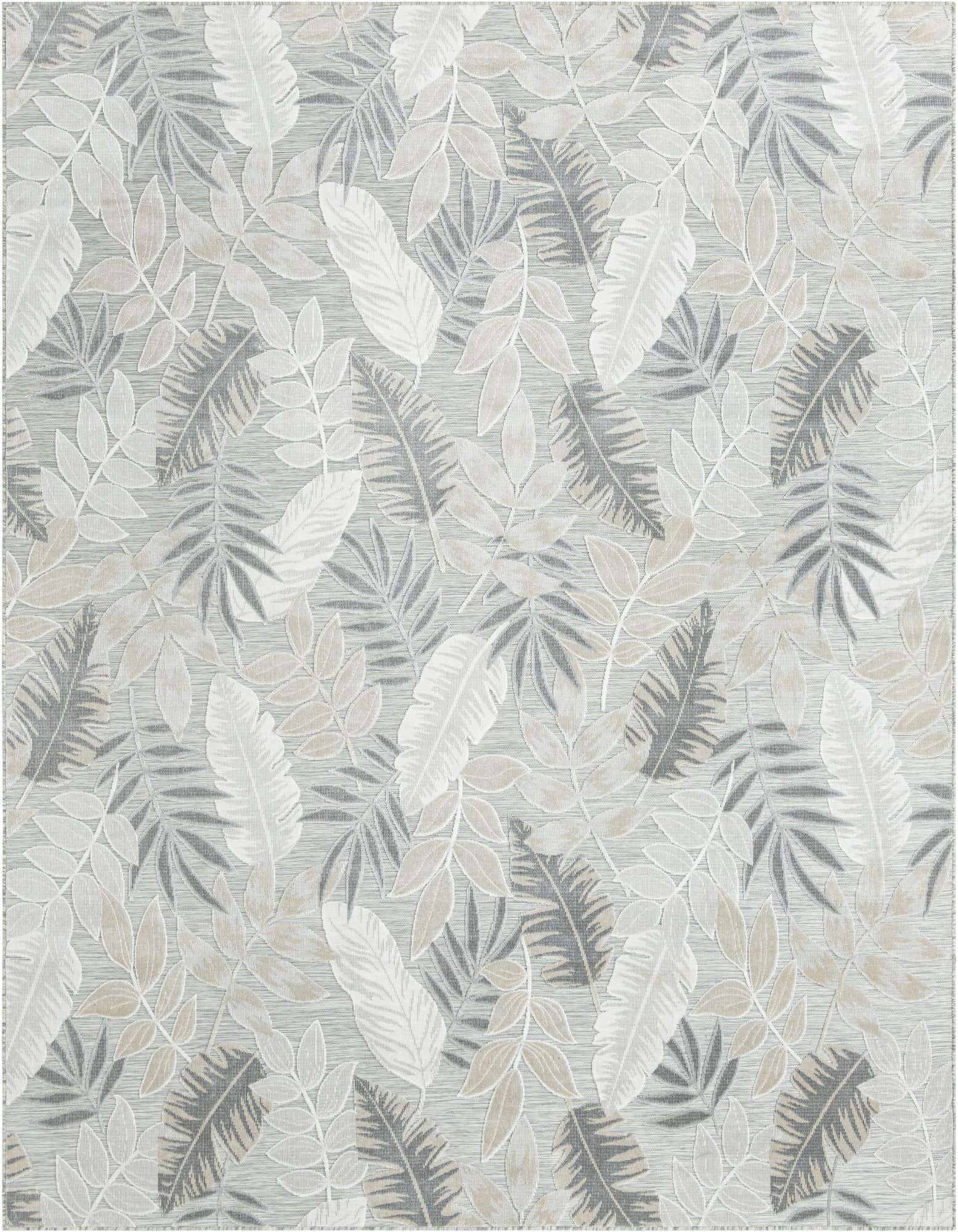 A 9x12 rectangular gray area rug with a modern tropical leaf pattern in varying shades of gray, silver, and beige.