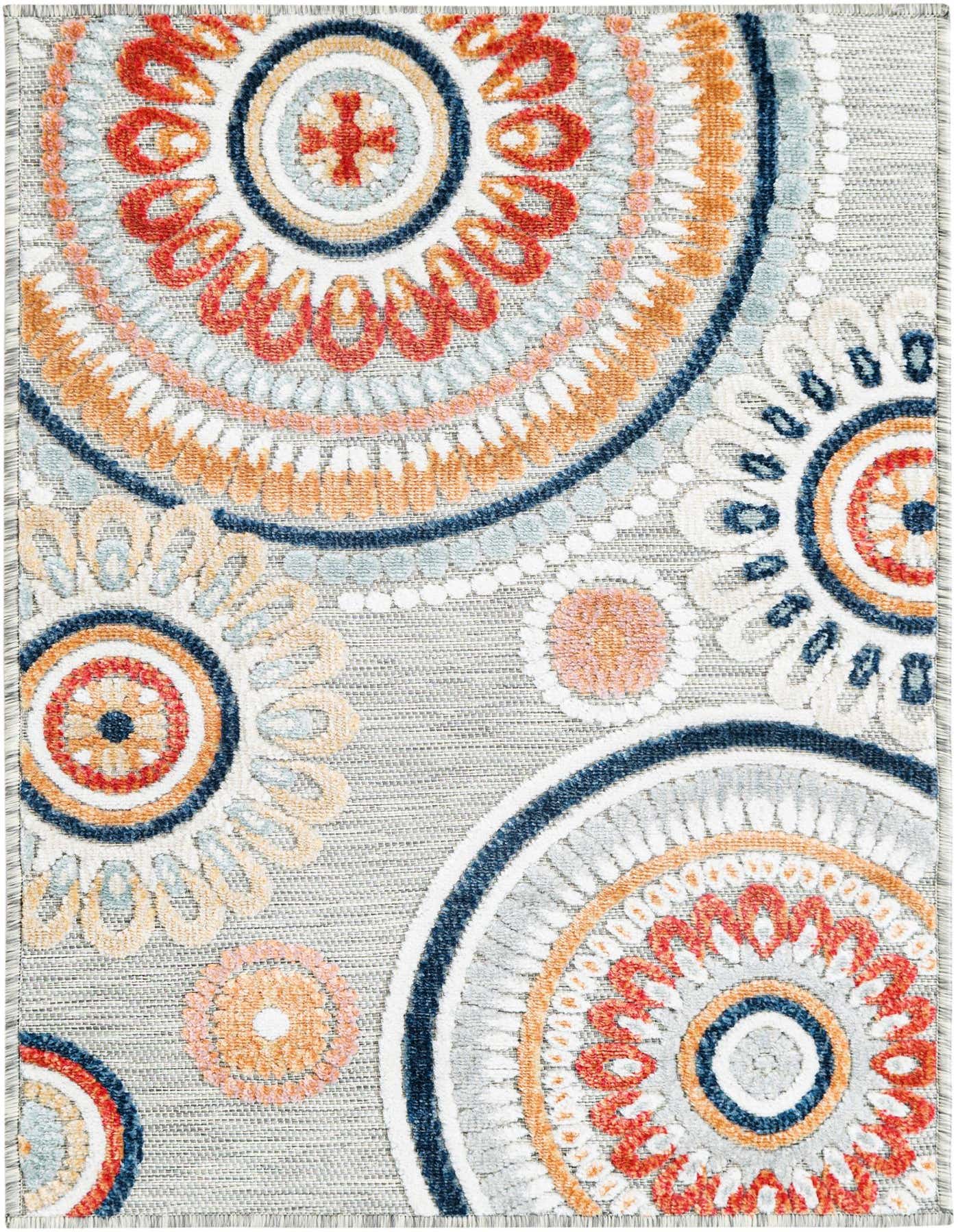 A 2x3 rectangular gray indoor/outdoor rug with a modern abstract pattern of large, colorful medallions in orange, blue, and white.